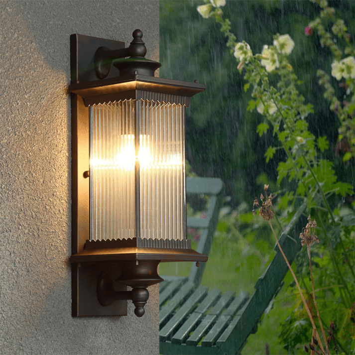 Retro Rectangular Outdoor Wall Lamp Vintage Lantern Sconce | E27 Aluminum Glass Coffee Finish | Porch Garden Wall Lighting
