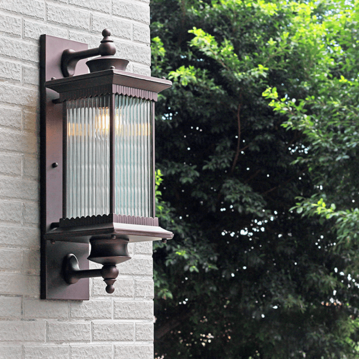 Retro Rectangular Outdoor Wall Lamp Vintage Lantern Sconce | E27 Aluminum Glass Coffee Finish | Porch Garden Wall Lighting