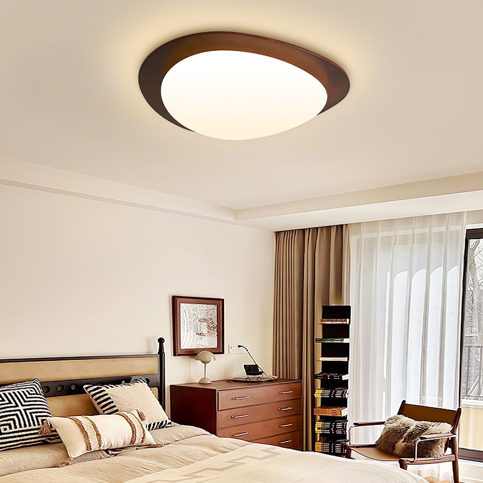 Scandinavian Wood Grain LED Ceiling Lamp | Pebble Texture Flush Mount Light | Warm Non-Glare Lighting | 30–58cm