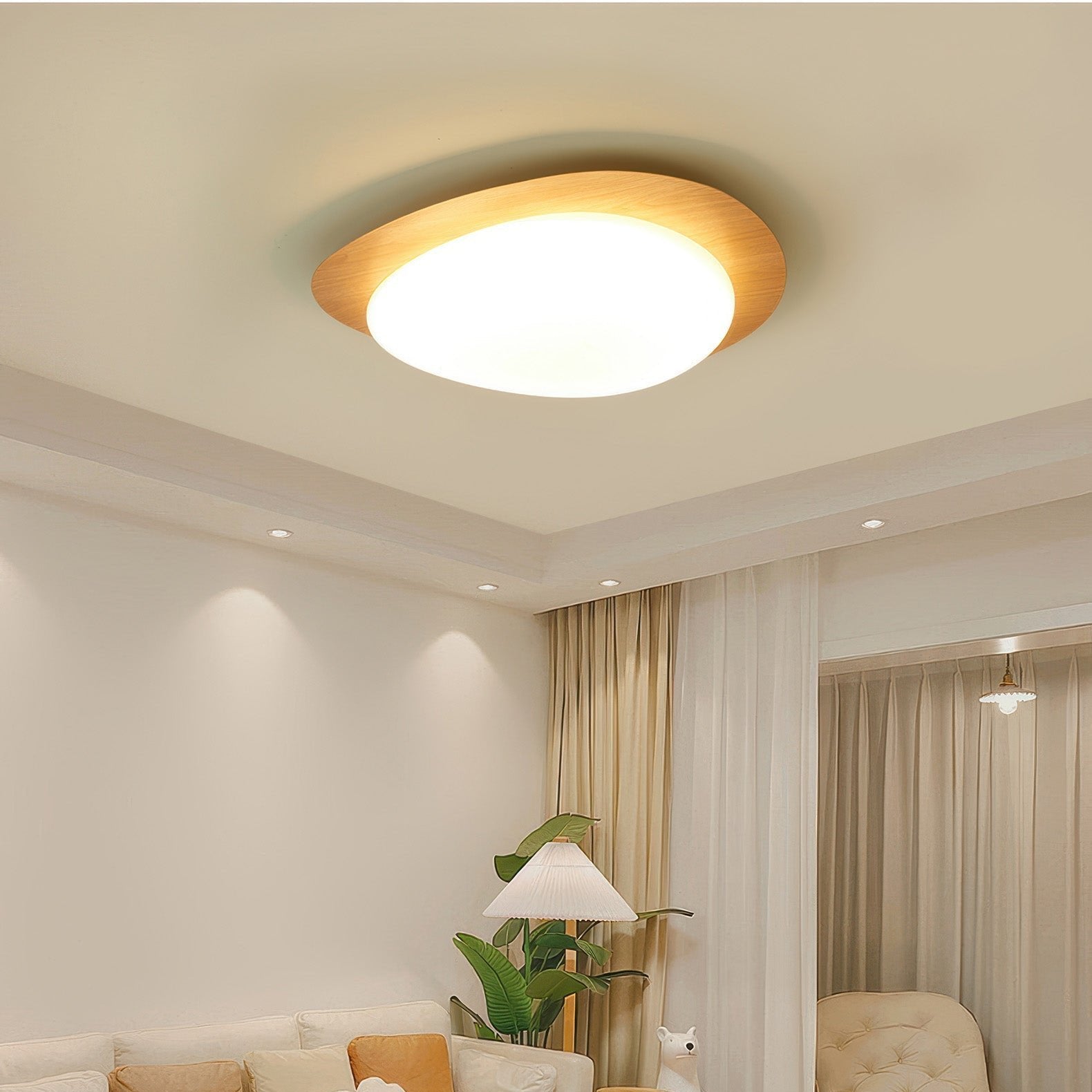 Scandinavian Wood Grain LED Ceiling Lamp | Pebble Texture Flush Mount Light | Warm Non-Glare Lighting | 30–58cm