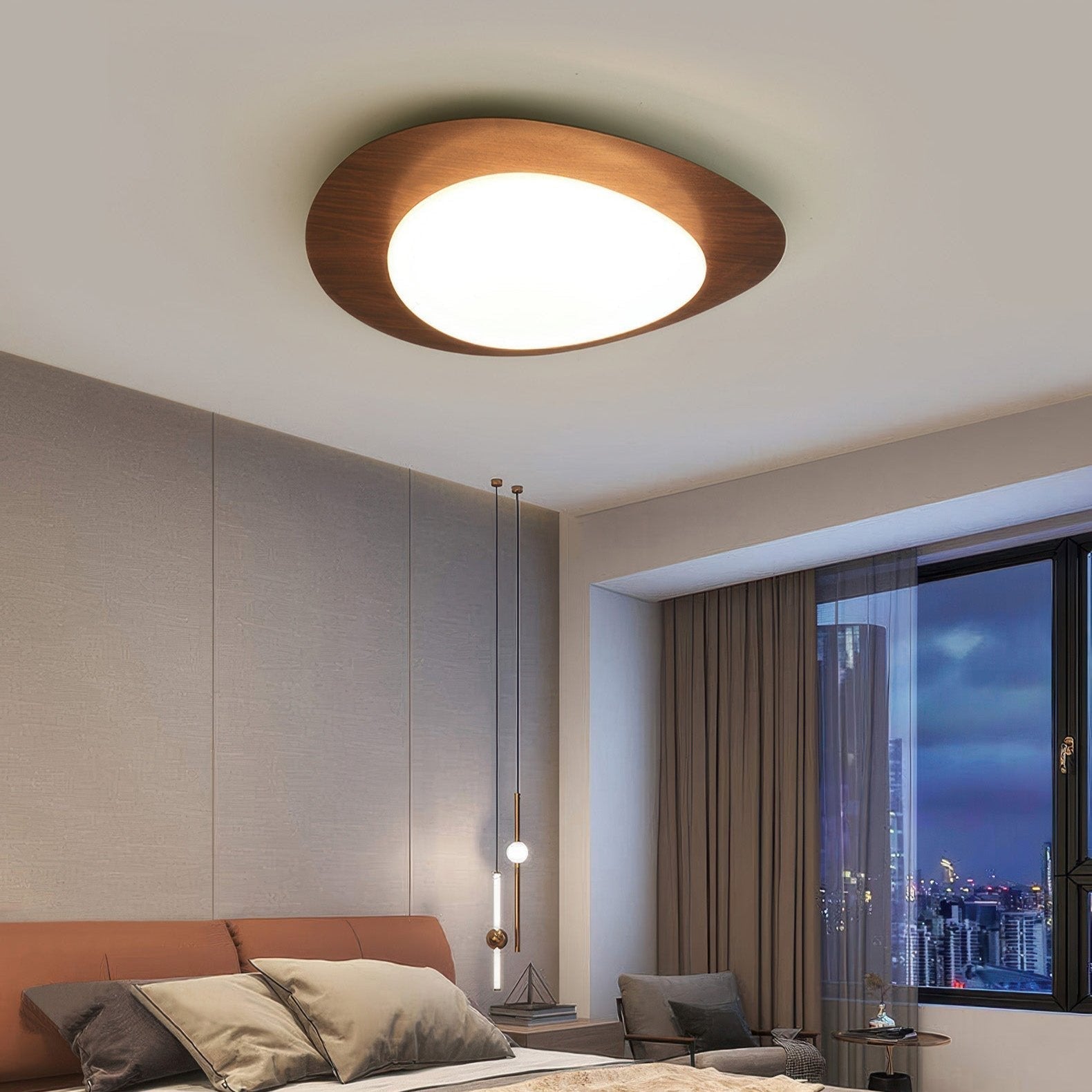 Scandinavian Wood Grain LED Ceiling Lamp | Pebble Texture Flush Mount Light | Warm Non-Glare Lighting | 30–58cm
