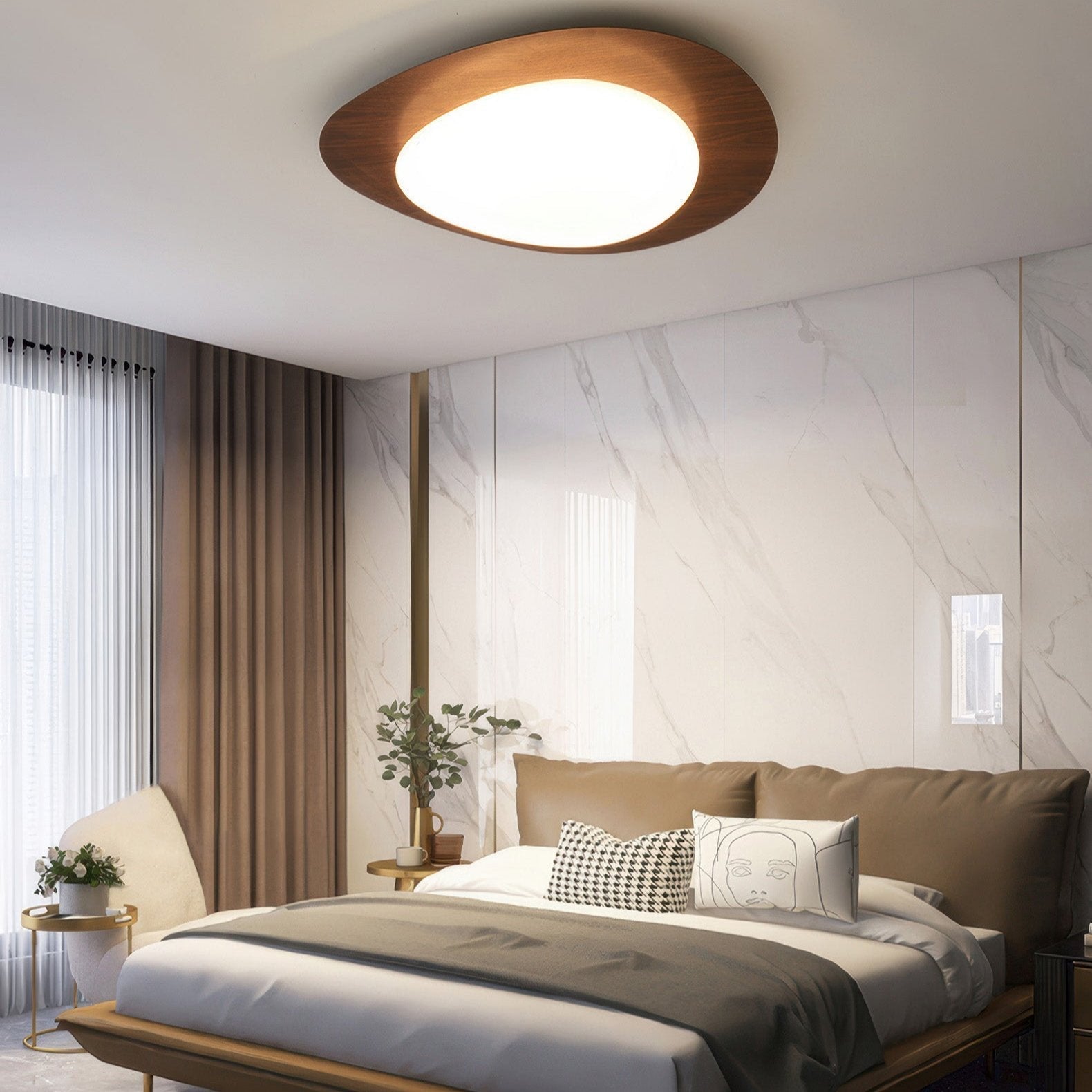 Scandinavian Wood Grain LED Ceiling Lamp | Pebble Texture Flush Mount Light | Warm Non-Glare Lighting | 30–58cm