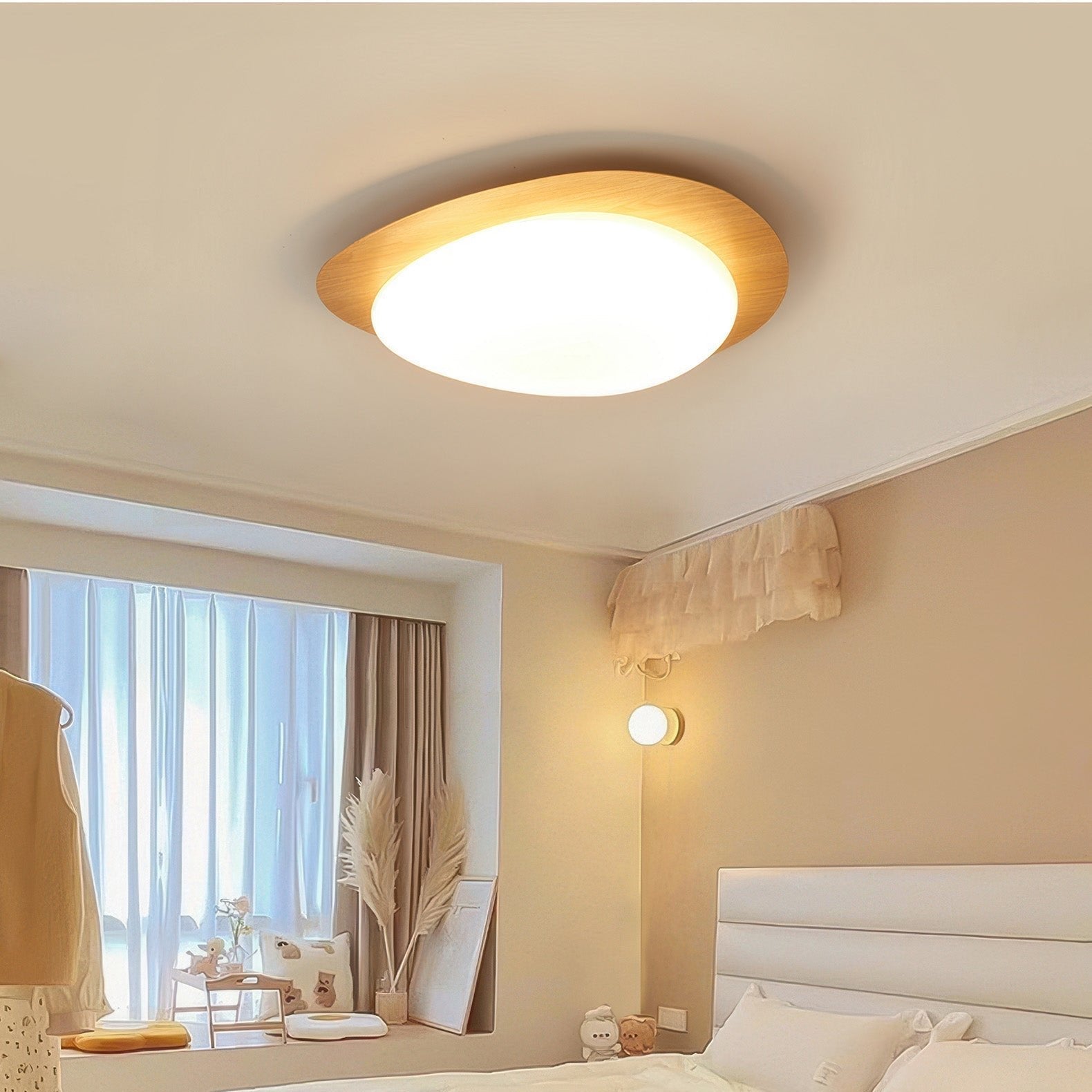 Scandinavian Wood Grain LED Ceiling Lamp | Pebble Texture Flush Mount Light | Warm Non-Glare Lighting | 30–58cm