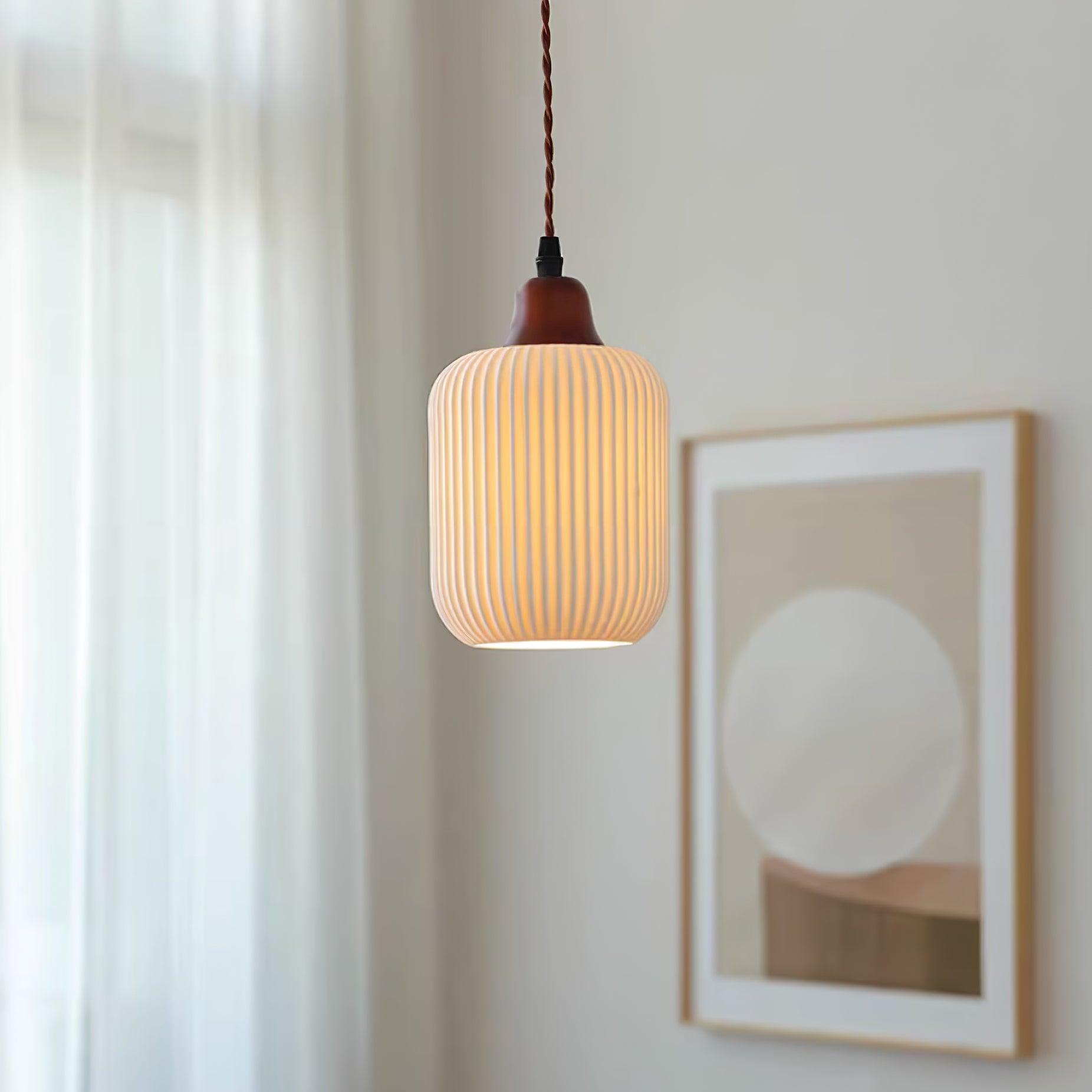 Ceramic Pendant Light for Dining Room & Bedroom | Scandinavian Oak Design | E26/E27 Socket | Rustic Minimalist Hanging Lamp