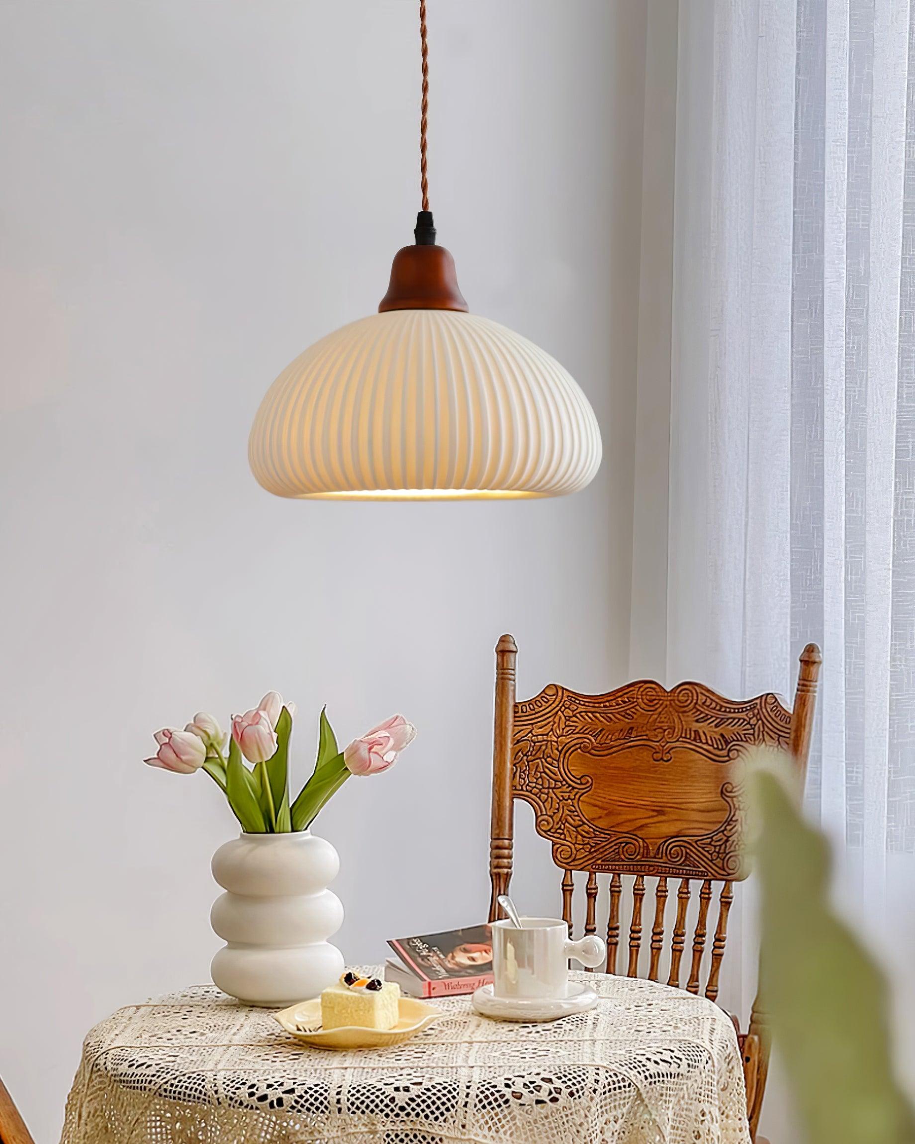 Ceramic Pendant Light for Dining Room & Bedroom | Scandinavian Oak Design | E26/E27 Socket | Rustic Minimalist Hanging Lamp