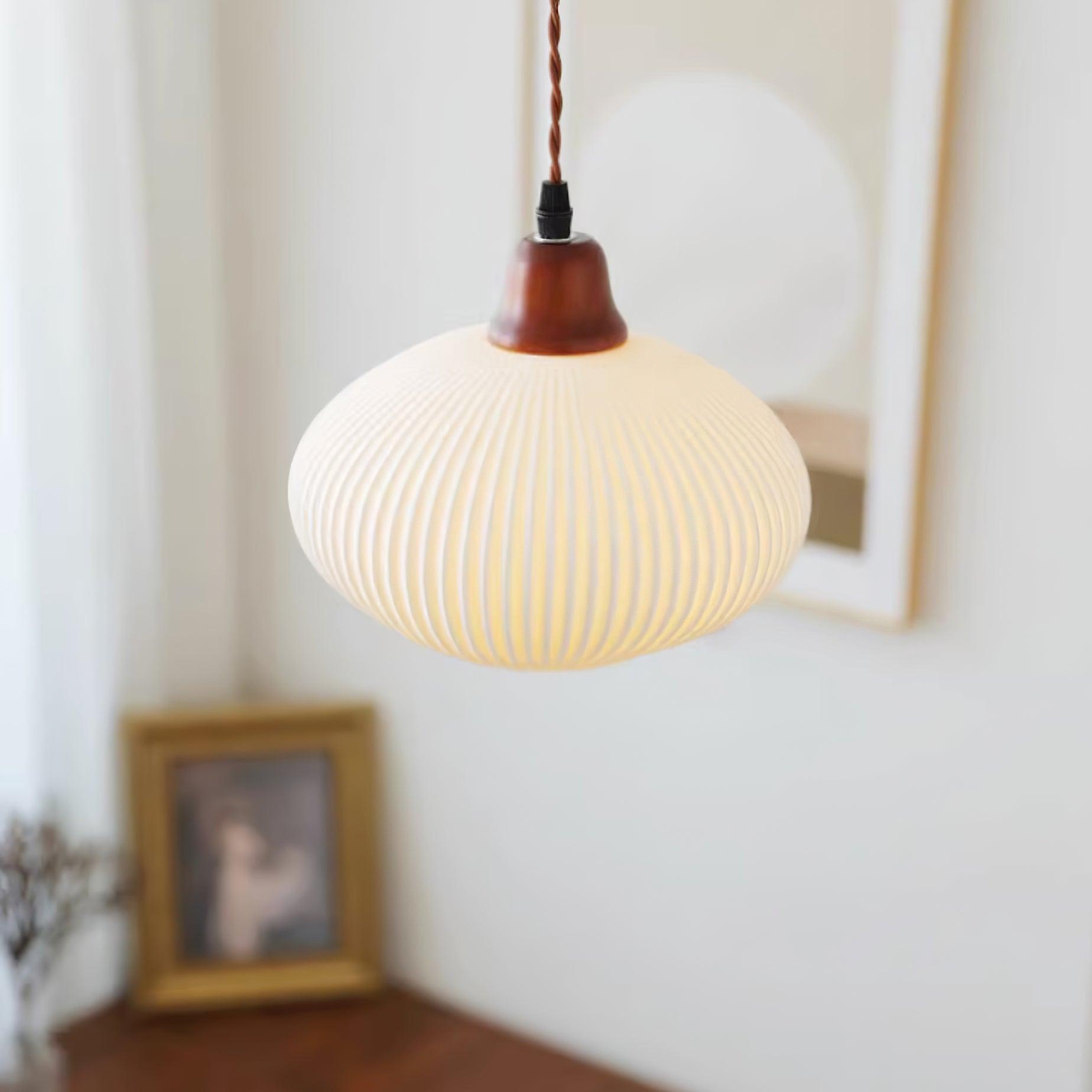 Ceramic Pendant Light for Dining Room & Bedroom | Scandinavian Oak Design | E26/E27 Socket | Rustic Minimalist Hanging Lamp