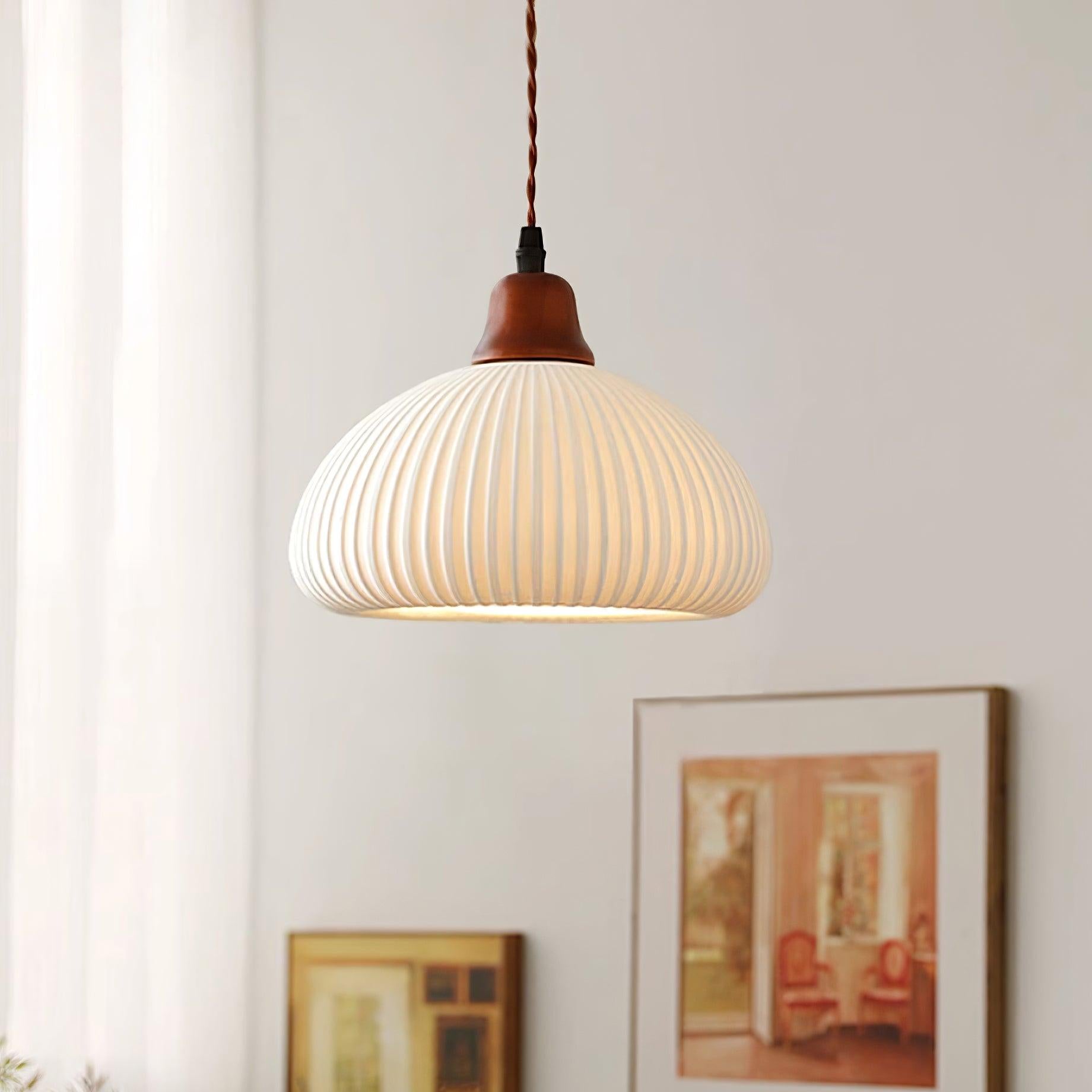 Ceramic Pendant Light for Dining Room & Bedroom | Scandinavian Oak Design | E26/E27 Socket | Rustic Minimalist Hanging Lamp