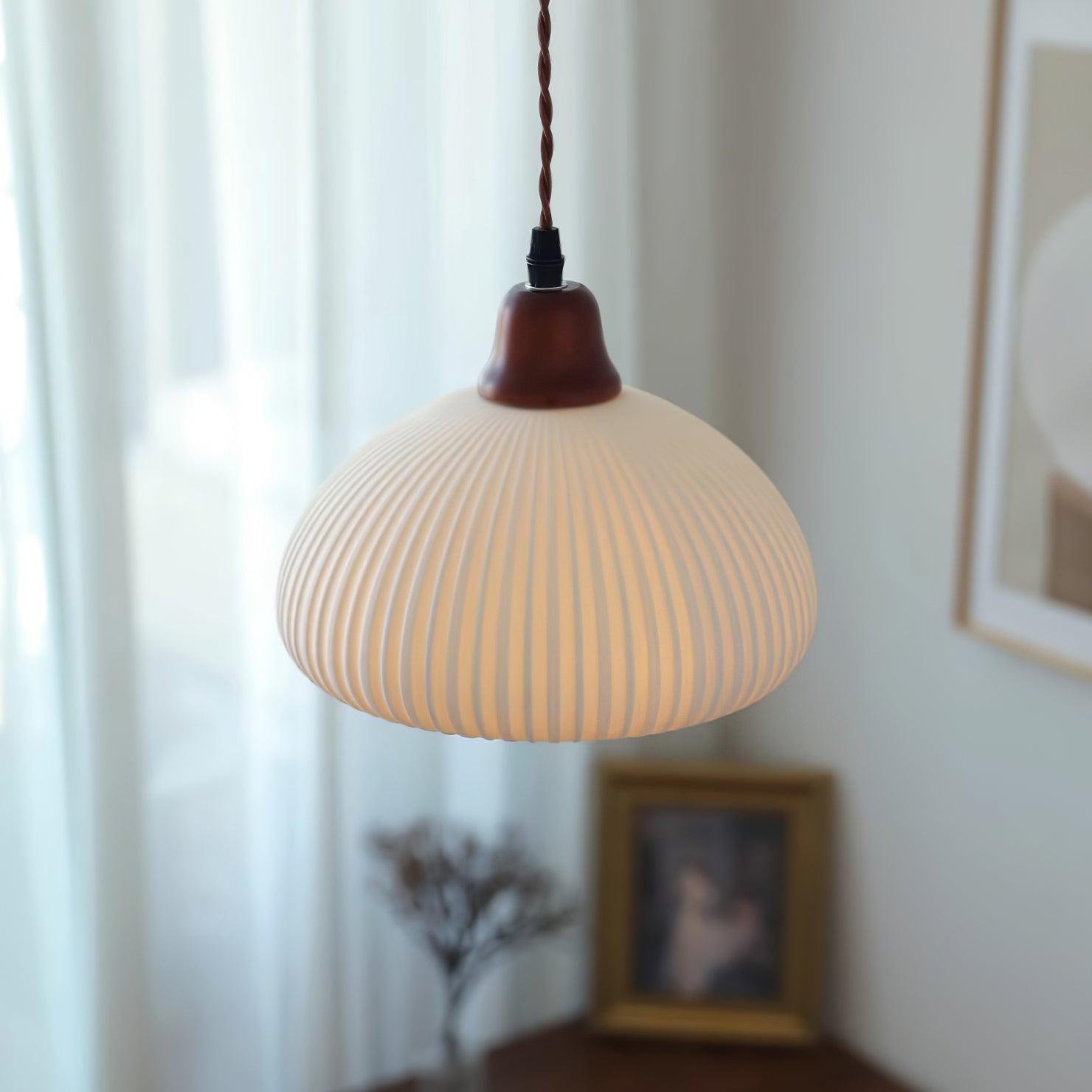 Ceramic Pendant Light for Dining Room & Bedroom | Scandinavian Oak Design | E26/E27 Socket | Rustic Minimalist Hanging Lamp