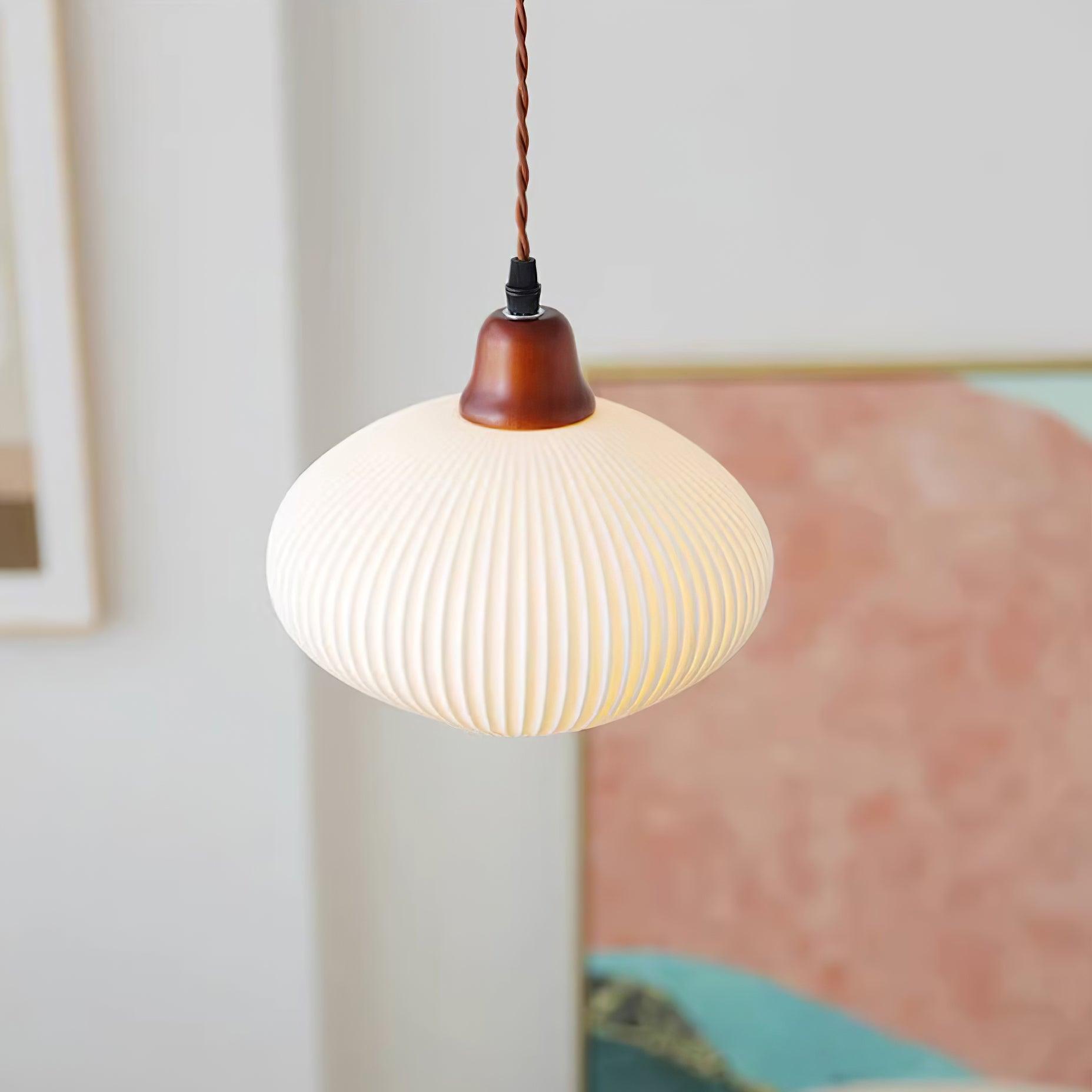 Ceramic Pendant Light for Dining Room & Bedroom | Scandinavian Oak Design | E26/E27 Socket | Rustic Minimalist Hanging Lamp