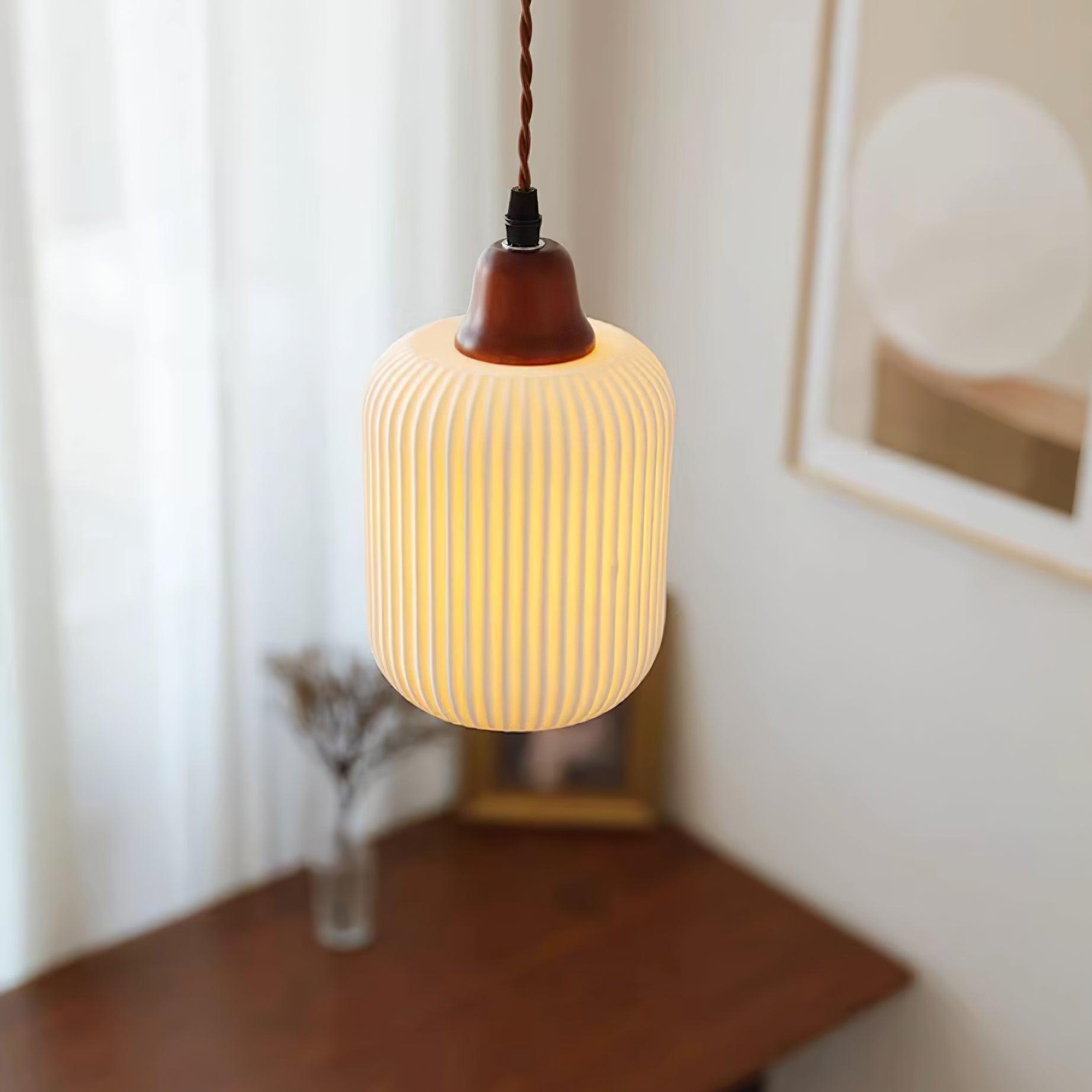 Ceramic Pendant Light for Dining Room & Bedroom | Scandinavian Oak Design | E26/E27 Socket | Rustic Minimalist Hanging Lamp