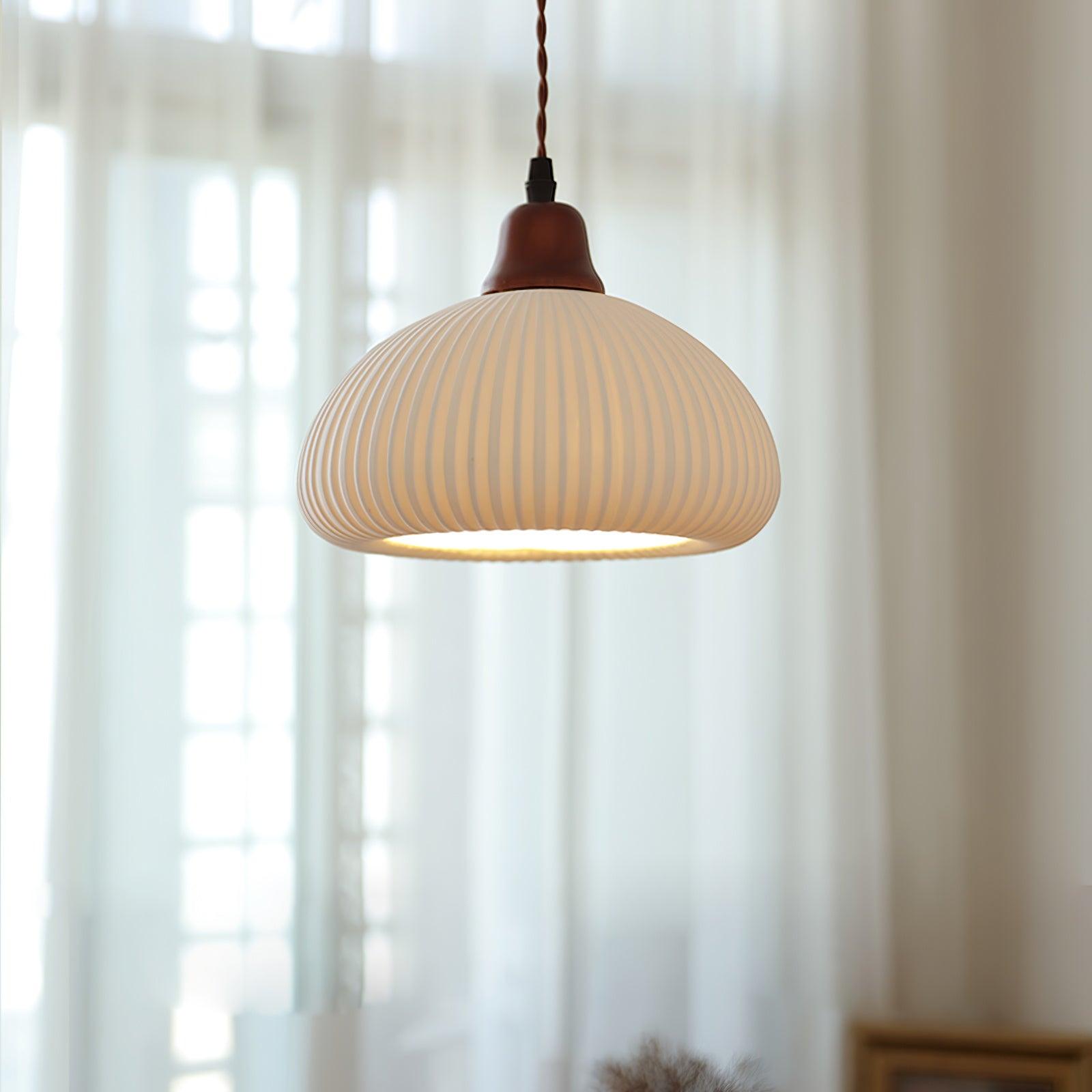 Ceramic Pendant Light for Dining Room & Bedroom | Scandinavian Oak Design | E26/E27 Socket | Rustic Minimalist Hanging Lamp
