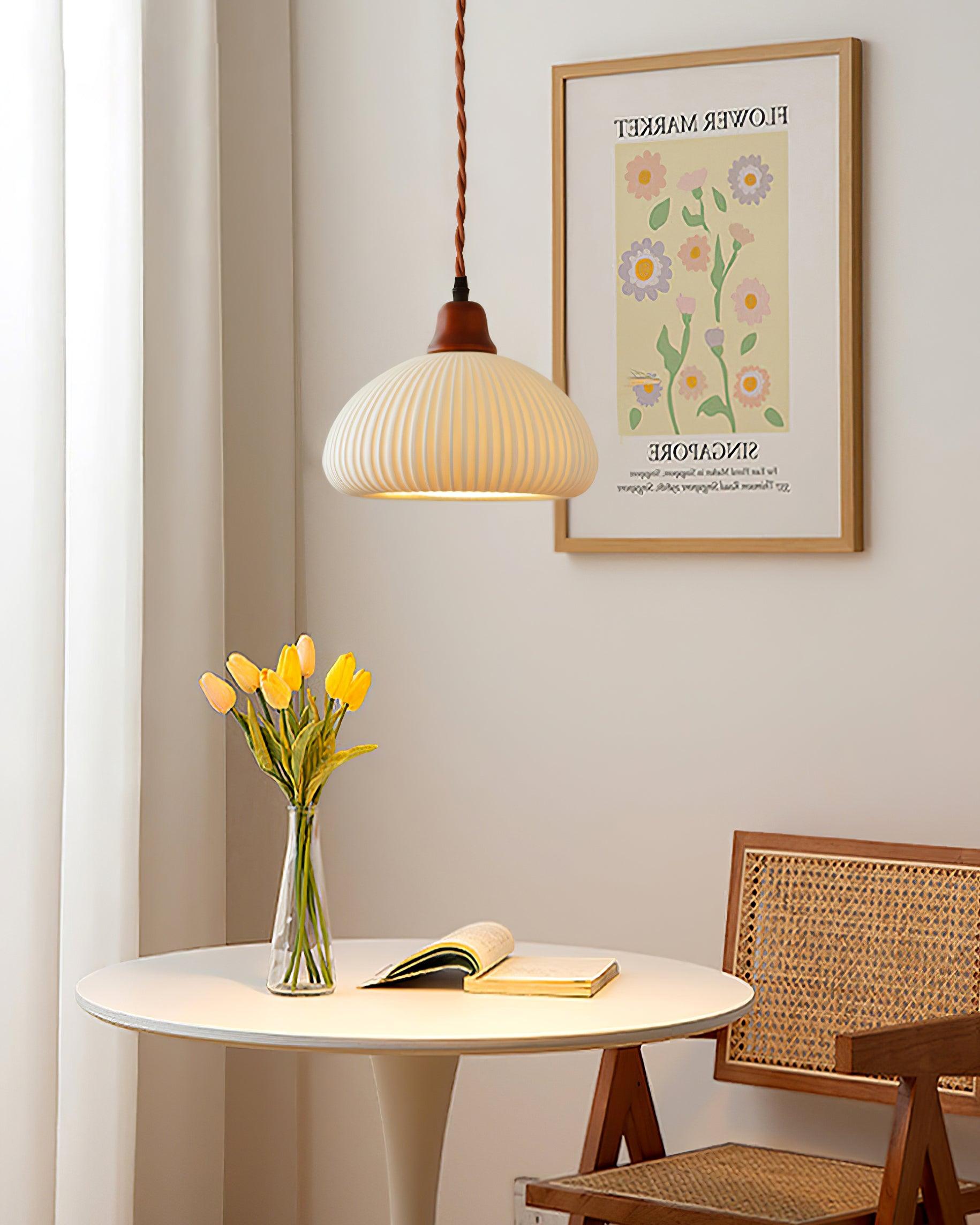 Ceramic Pendant Light for Dining Room & Bedroom | Scandinavian Oak Design | E26/E27 Socket | Rustic Minimalist Hanging Lamp