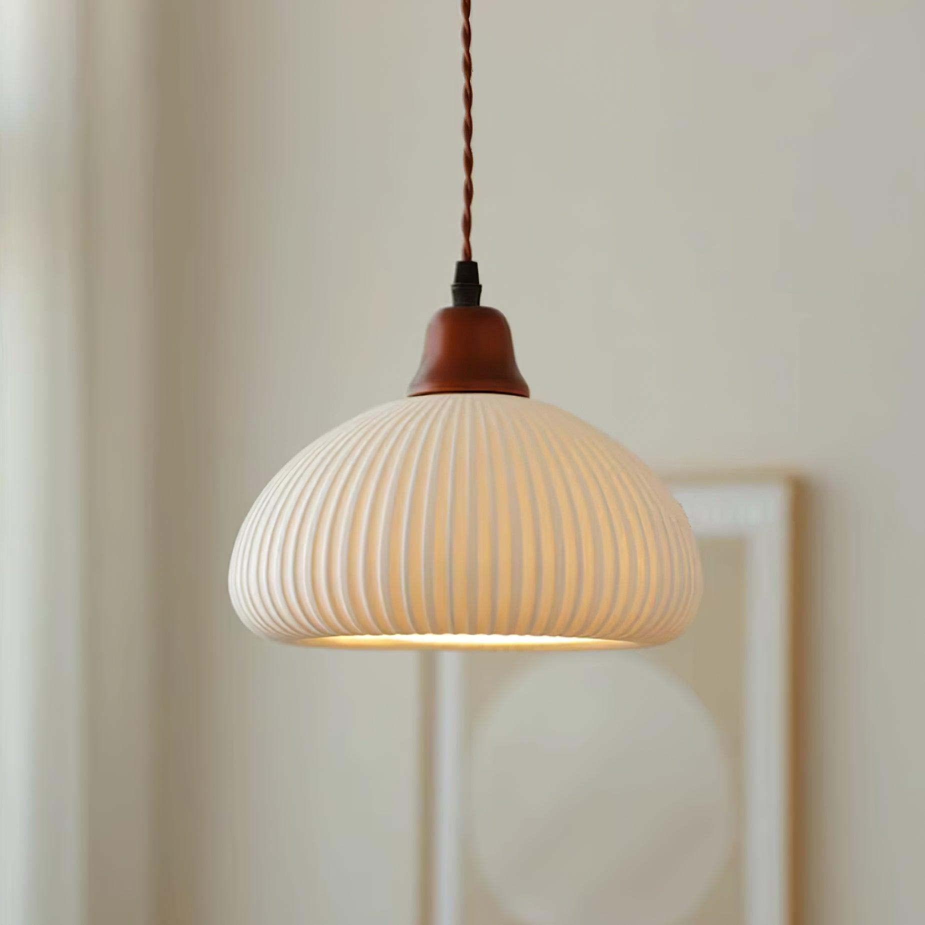 Ceramic Pendant Light for Dining Room & Bedroom | Scandinavian Oak Design | E26/E27 Socket | Rustic Minimalist Hanging Lamp