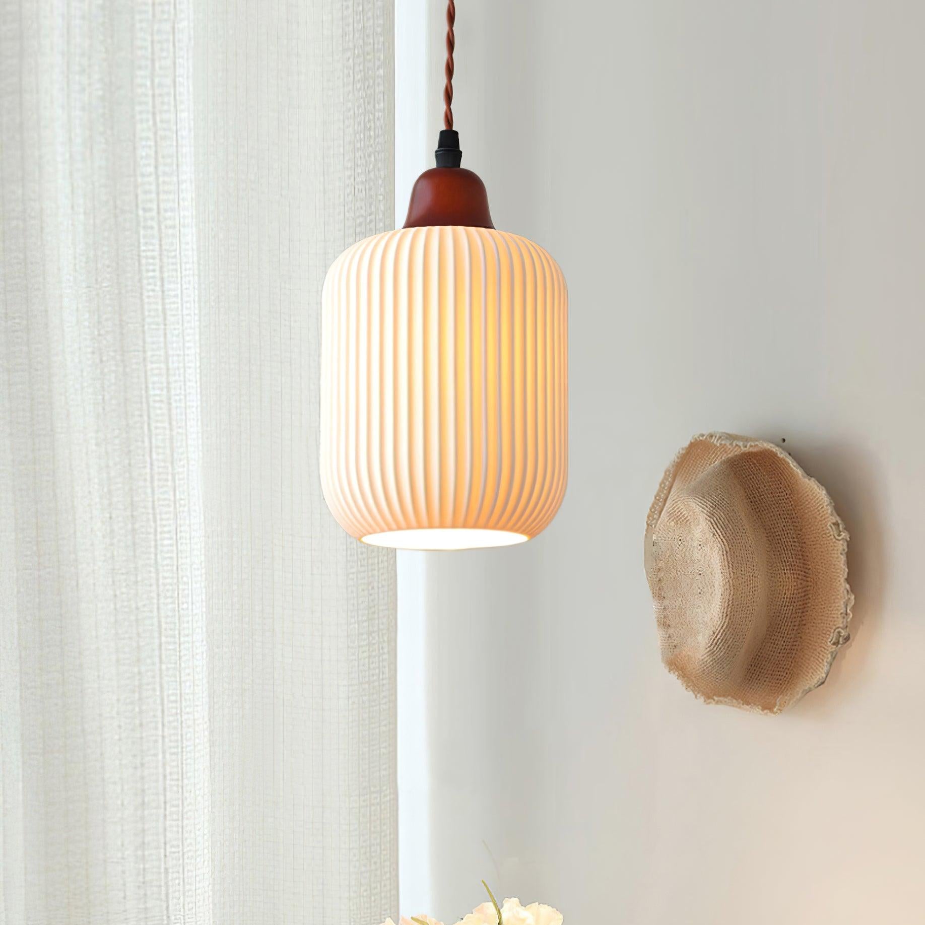 Ceramic Pendant Light for Dining Room & Bedroom | Scandinavian Oak Design | E26/E27 Socket | Rustic Minimalist Hanging Lamp