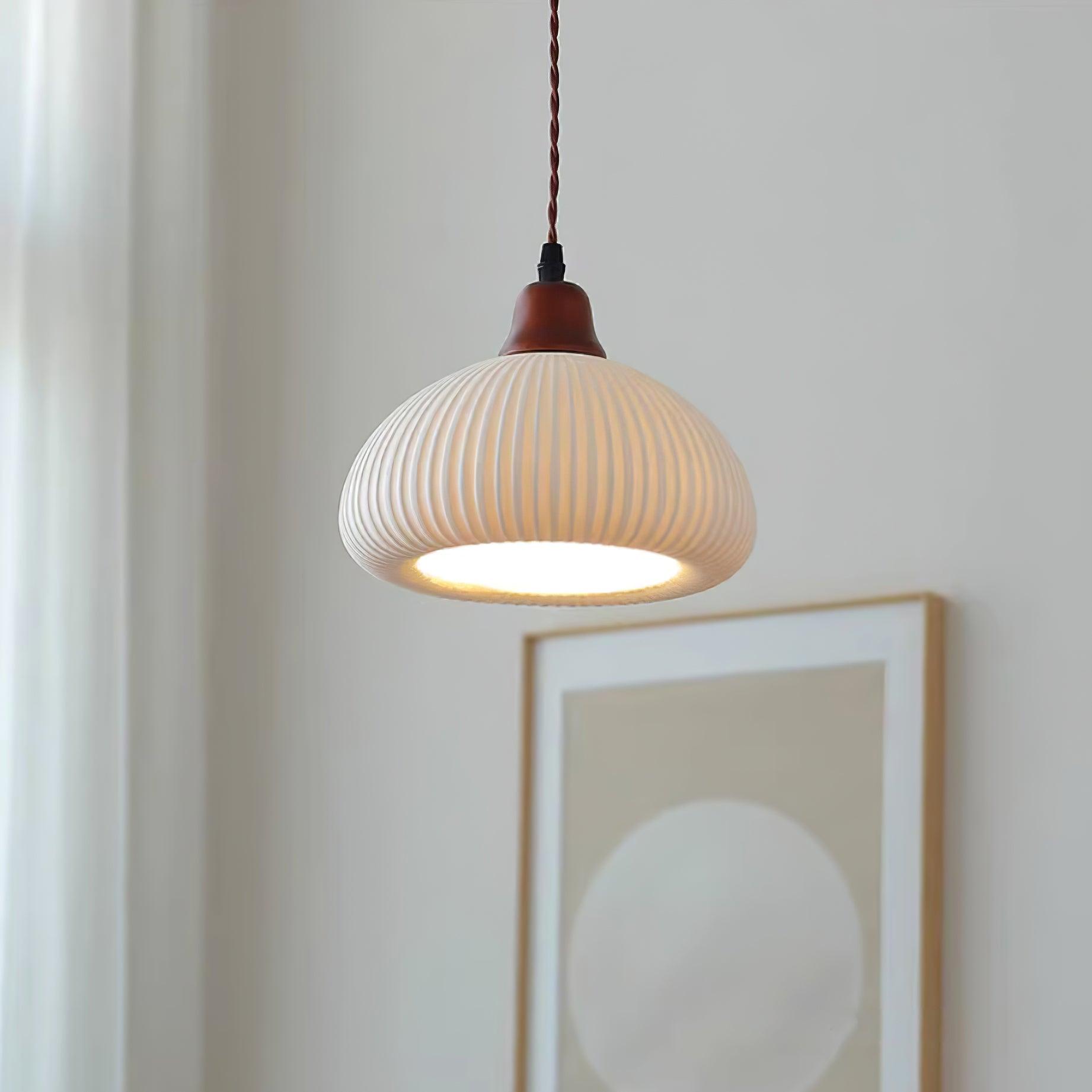 Ceramic Pendant Light for Dining Room & Bedroom | Scandinavian Oak Design | E26/E27 Socket | Rustic Minimalist Hanging Lamp