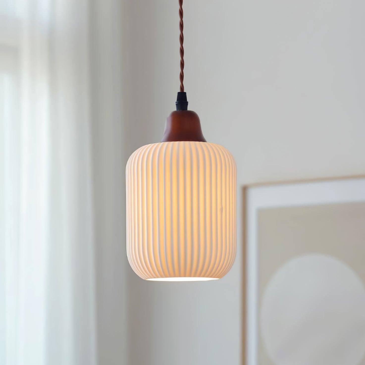 Ceramic Pendant Light for Dining Room & Bedroom | Scandinavian Oak Design | E26/E27 Socket | Rustic Minimalist Hanging Lamp