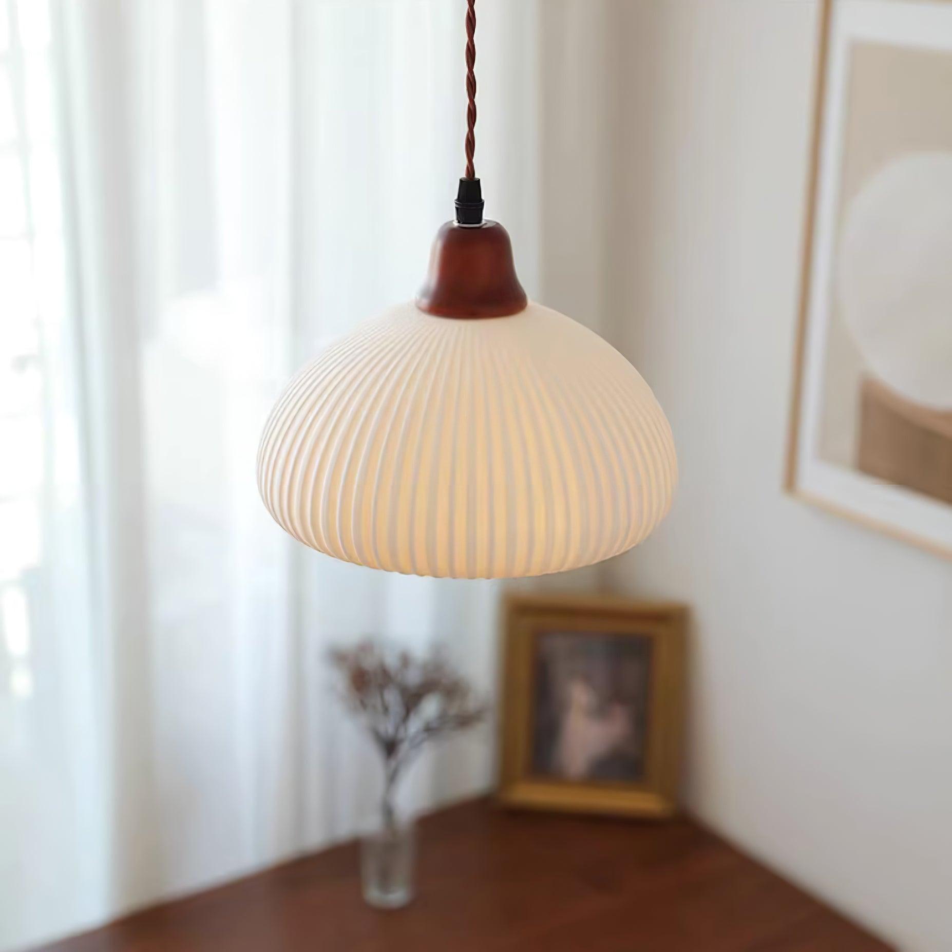 Ceramic Pendant Light for Dining Room & Bedroom | Scandinavian Oak Design | E26/E27 Socket | Rustic Minimalist Hanging Lamp