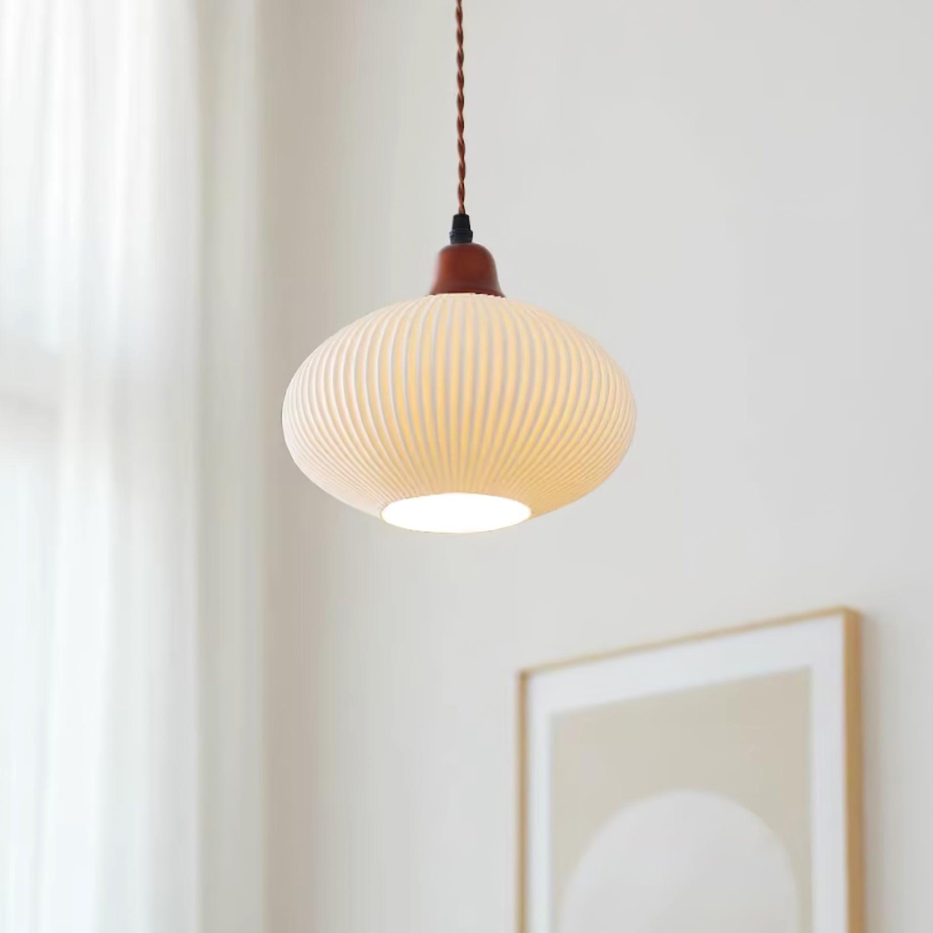 Ceramic Pendant Light for Dining Room & Bedroom | Scandinavian Oak Design | E26/E27 Socket | Rustic Minimalist Hanging Lamp