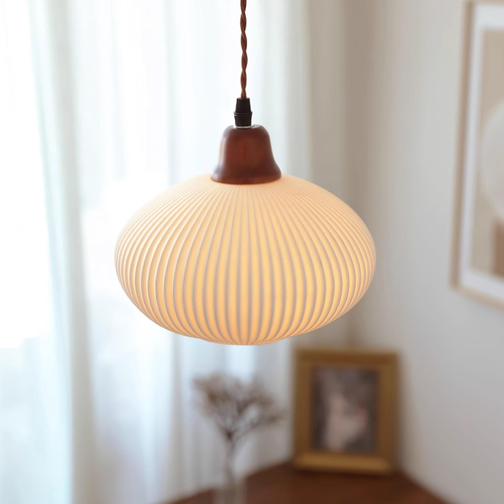 Ceramic Pendant Light for Dining Room & Bedroom | Scandinavian Oak Design | E26/E27 Socket | Rustic Minimalist Hanging Lamp