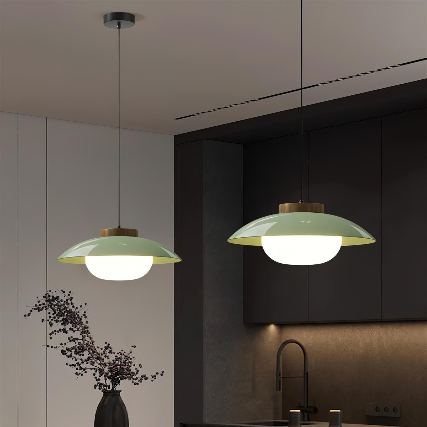 Scandinavian Pendant Lamp for Kitchen & Dining | Dish-Shaped Minimalist Light | Wood Accent Design | E27 Socket | 28cm