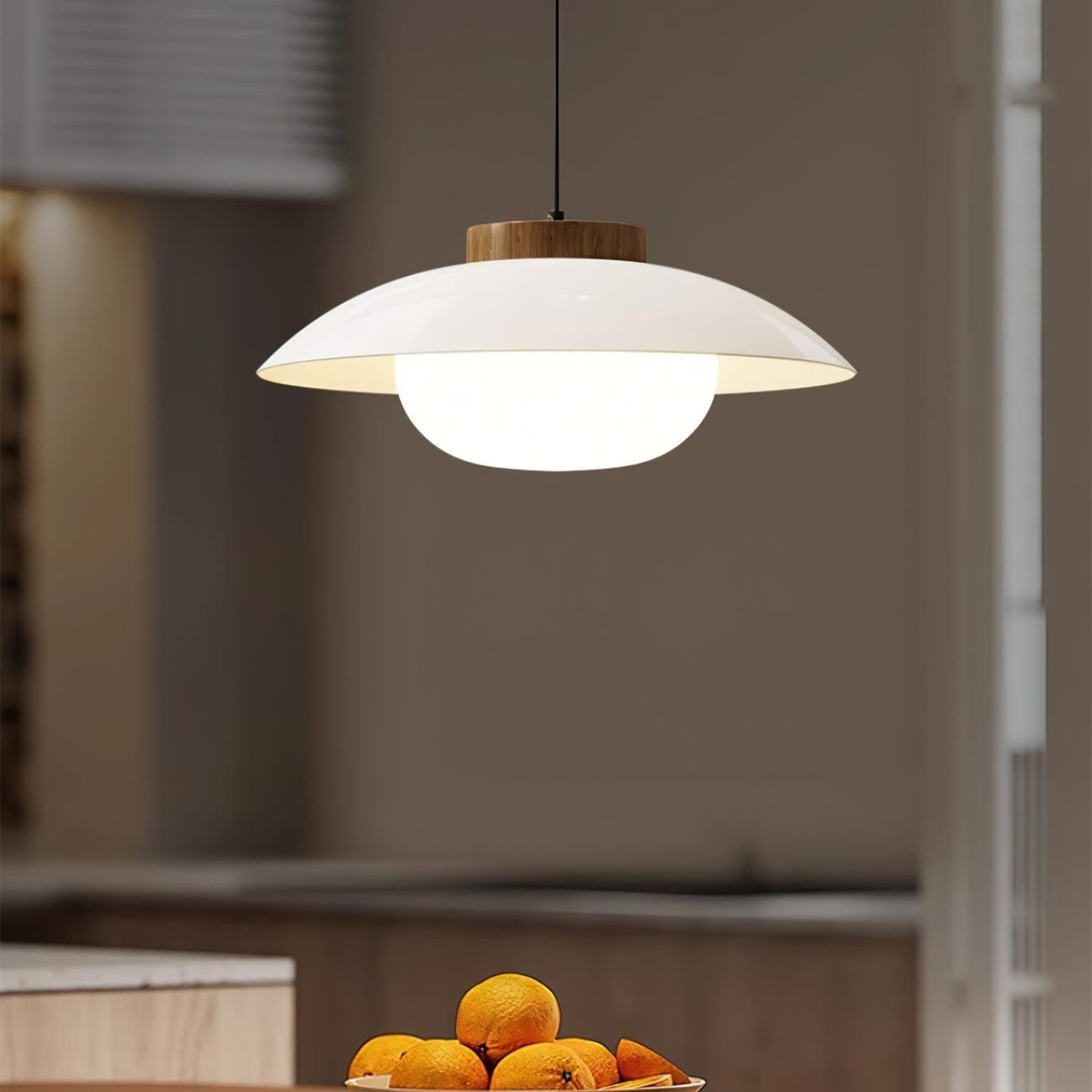 Scandinavian Pendant Lamp for Kitchen & Dining | Dish-Shaped Minimalist Light | Wood Accent Design | E27 Socket | 28cm