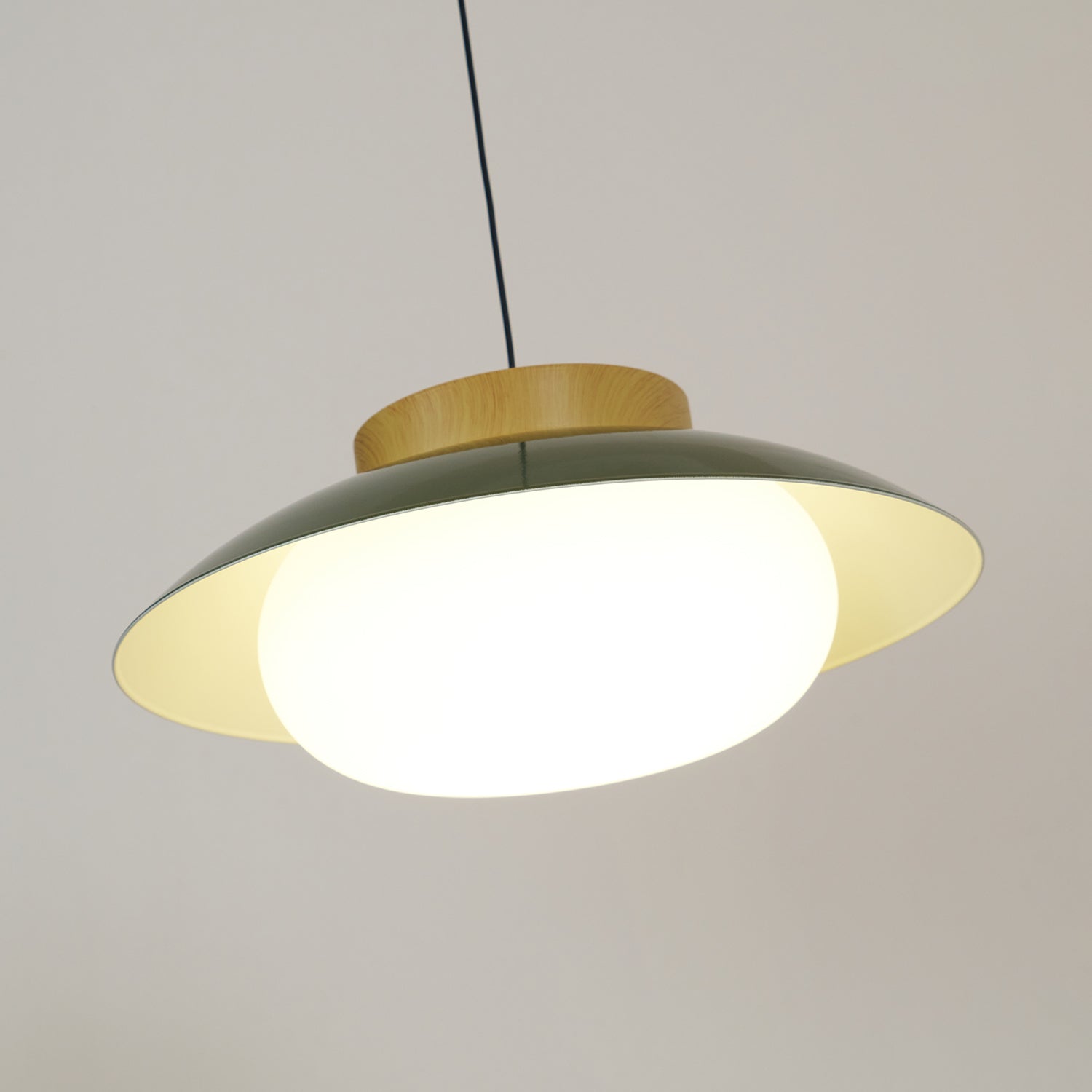 Scandinavian Pendant Lamp for Kitchen & Dining | Dish-Shaped Minimalist Light | Wood Accent Design | E27 Socket | 28cm