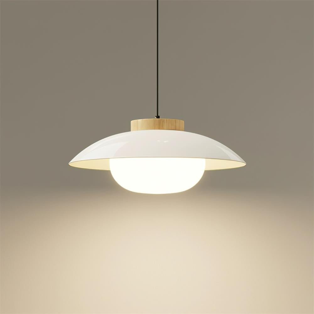 Scandinavian Pendant Lamp for Kitchen & Dining | Dish-Shaped Minimalist Light | Wood Accent Design | E27 Socket | 28cm