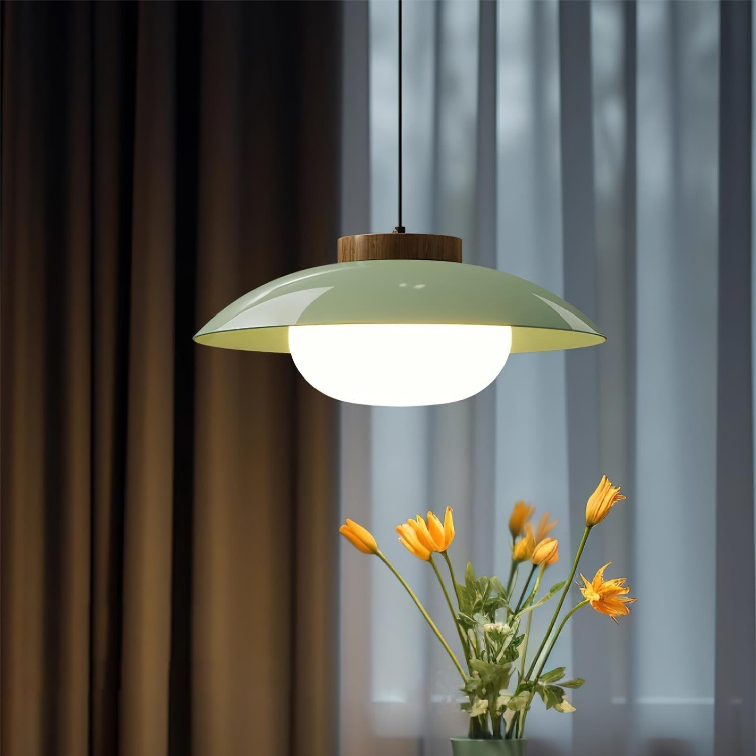 Scandinavian Pendant Lamp for Kitchen & Dining | Dish-Shaped Minimalist Light | Wood Accent Design | E27 Socket | 28cm