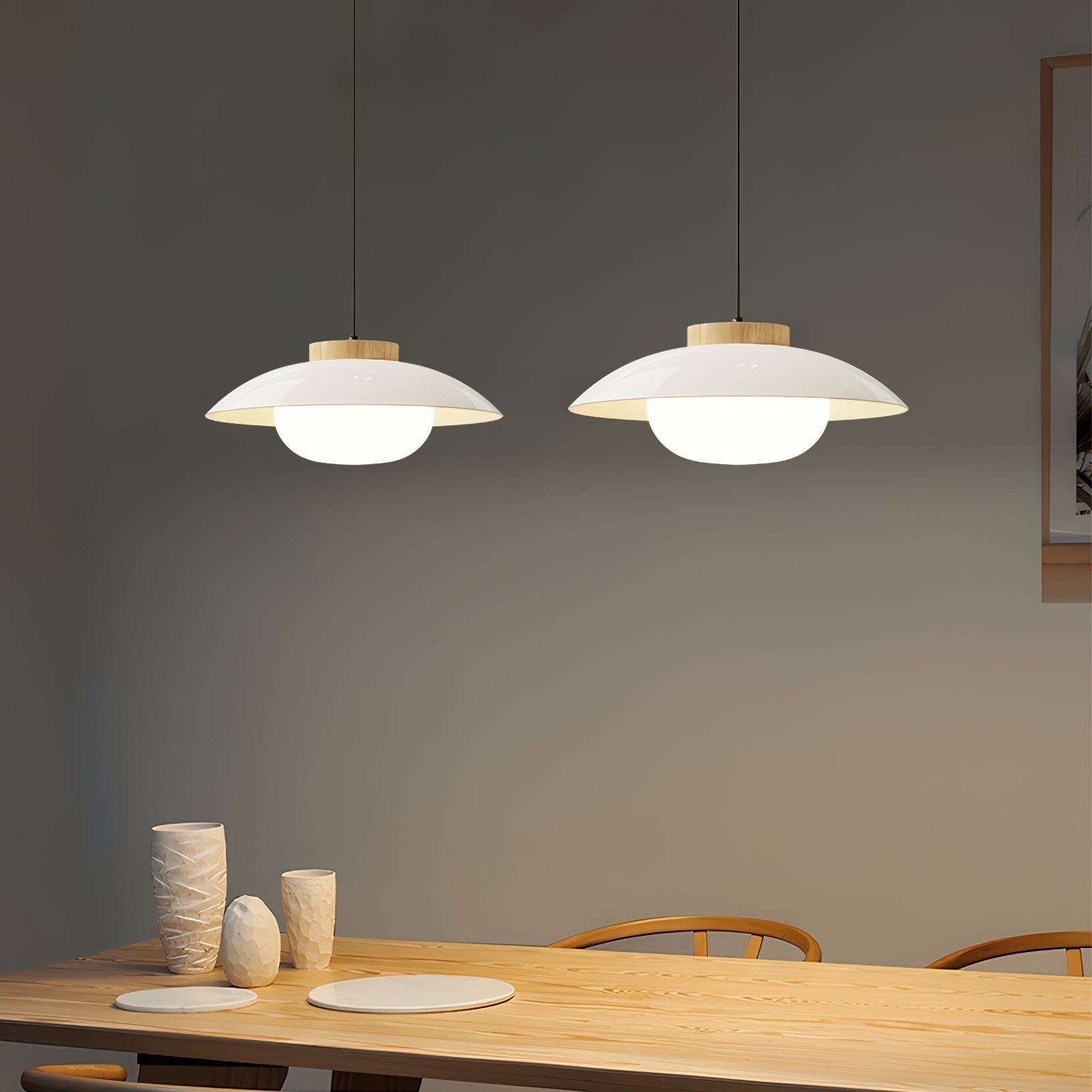 Scandinavian Pendant Lamp for Kitchen & Dining | Dish-Shaped Minimalist Light | Wood Accent Design | E27 Socket | 28cm