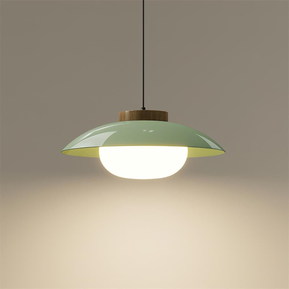 Scandinavian Pendant Lamp for Kitchen & Dining | Dish-Shaped Minimalist Light | Wood Accent Design | E27 Socket | 28cm