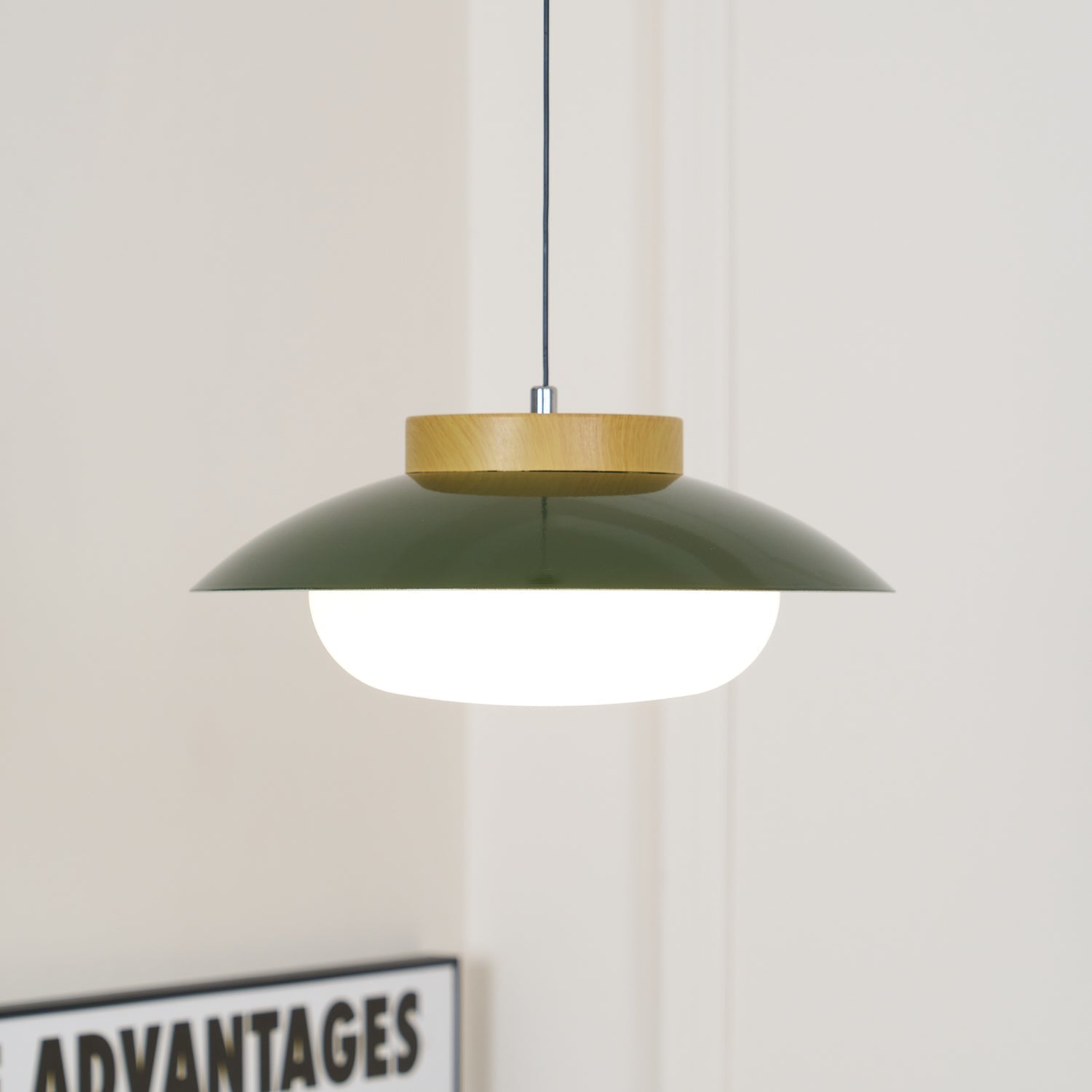 Scandinavian Pendant Lamp for Kitchen & Dining | Dish-Shaped Minimalist Light | Wood Accent Design | E27 Socket | 28cm
