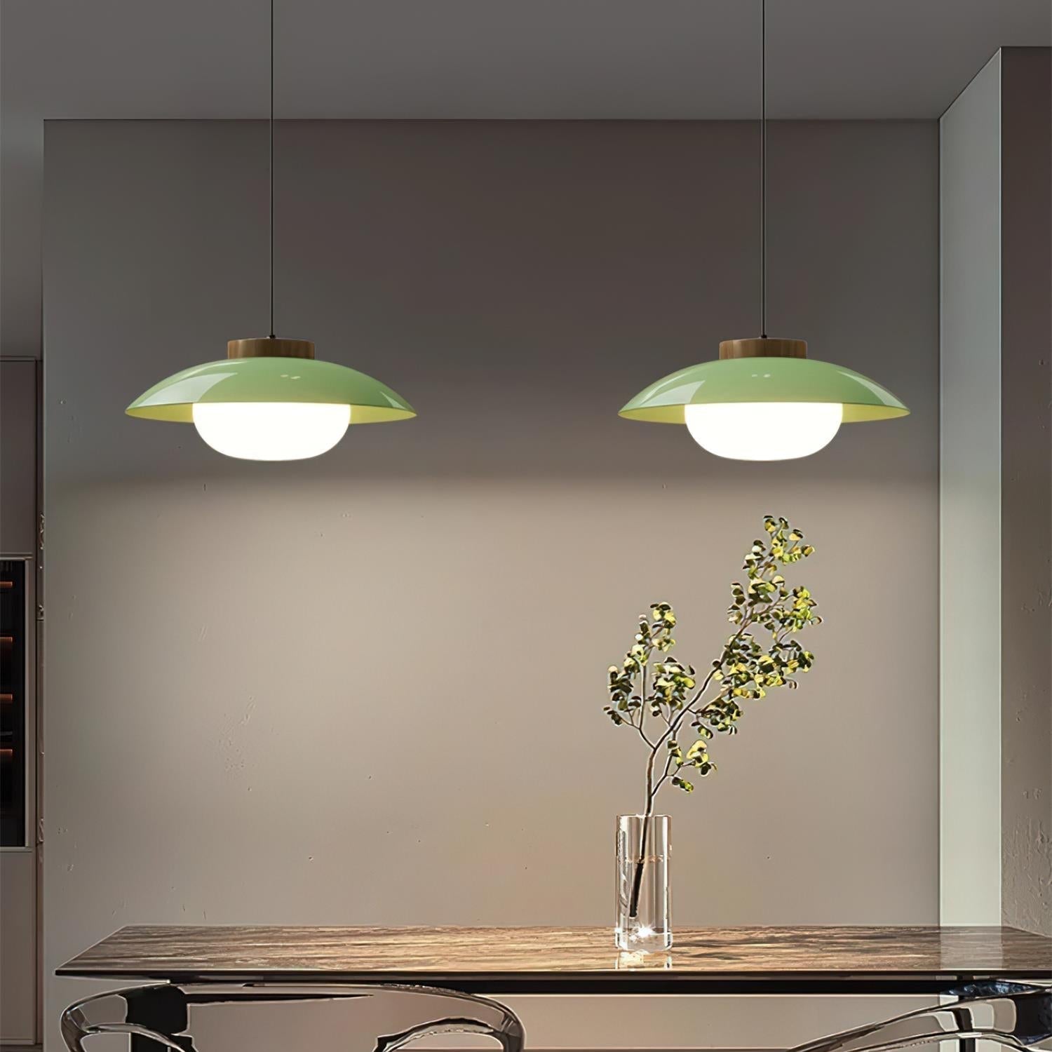 Scandinavian Pendant Lamp for Kitchen & Dining | Dish-Shaped Minimalist Light | Wood Accent Design | E27 Socket | 28cm