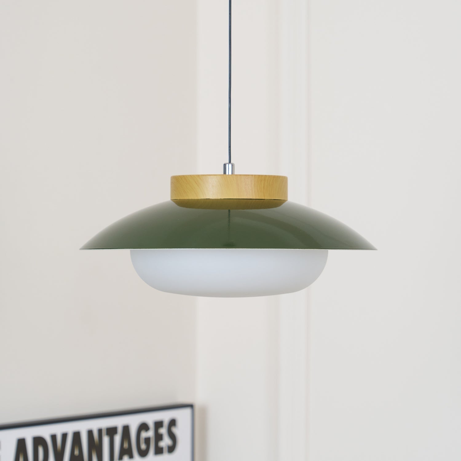 Scandinavian Pendant Lamp for Kitchen & Dining | Dish-Shaped Minimalist Light | Wood Accent Design | E27 Socket | 28cm