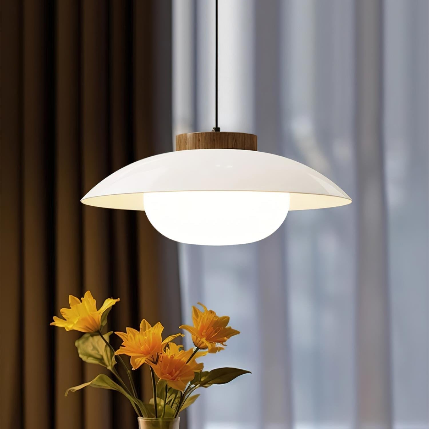 Scandinavian Pendant Lamp for Kitchen & Dining | Dish-Shaped Minimalist Light | Wood Accent Design | E27 Socket | 28cm