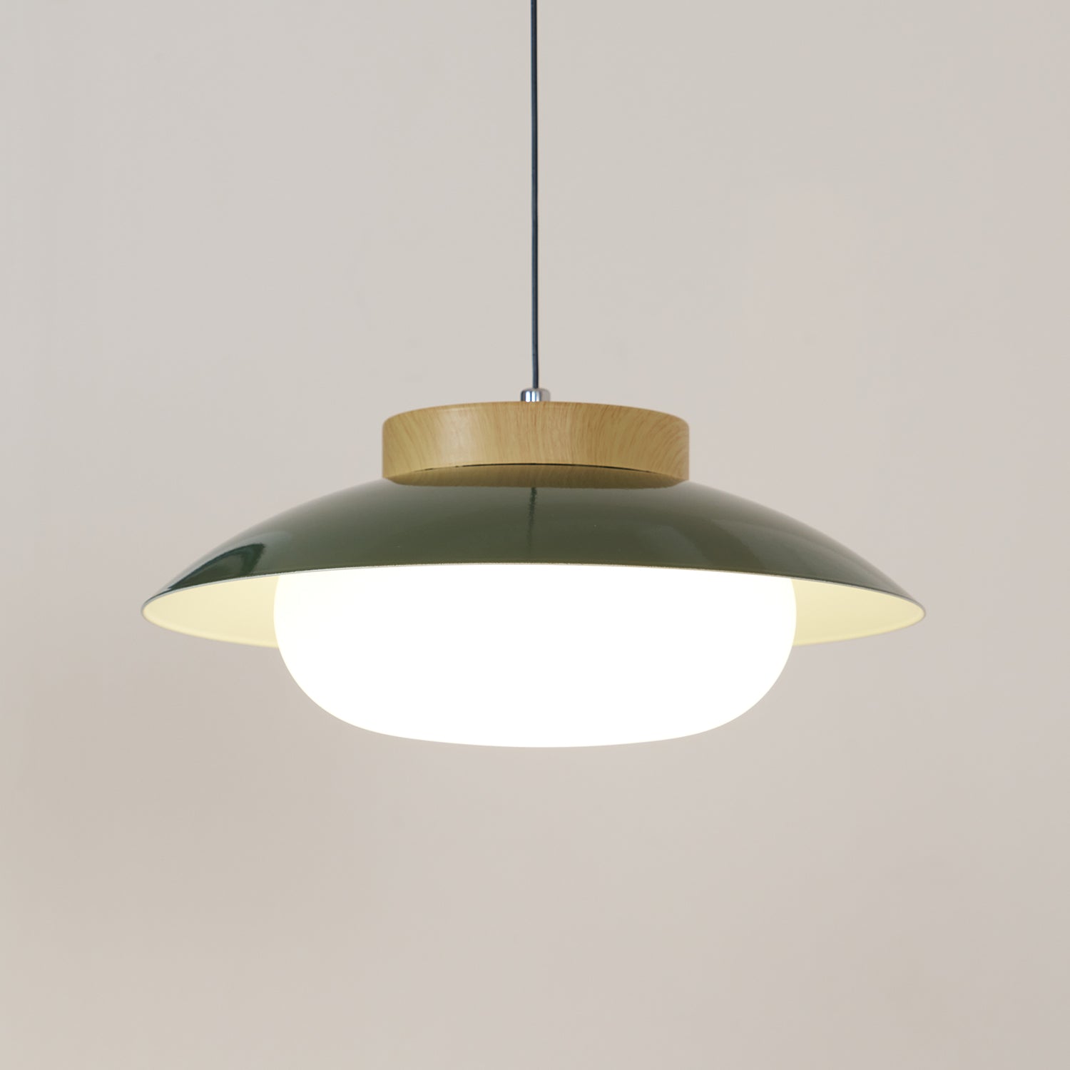 Scandinavian Pendant Lamp for Kitchen & Dining | Dish-Shaped Minimalist Light | Wood Accent Design | E27 Socket | 28cm