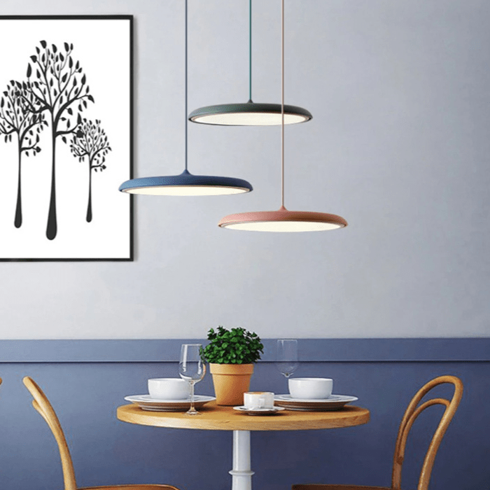 Scandinavian Disc Pendant Lamp for Dining Room & Kitchen | Minimalist Floating LED Light | Metal & Acrylic | 25–40cm