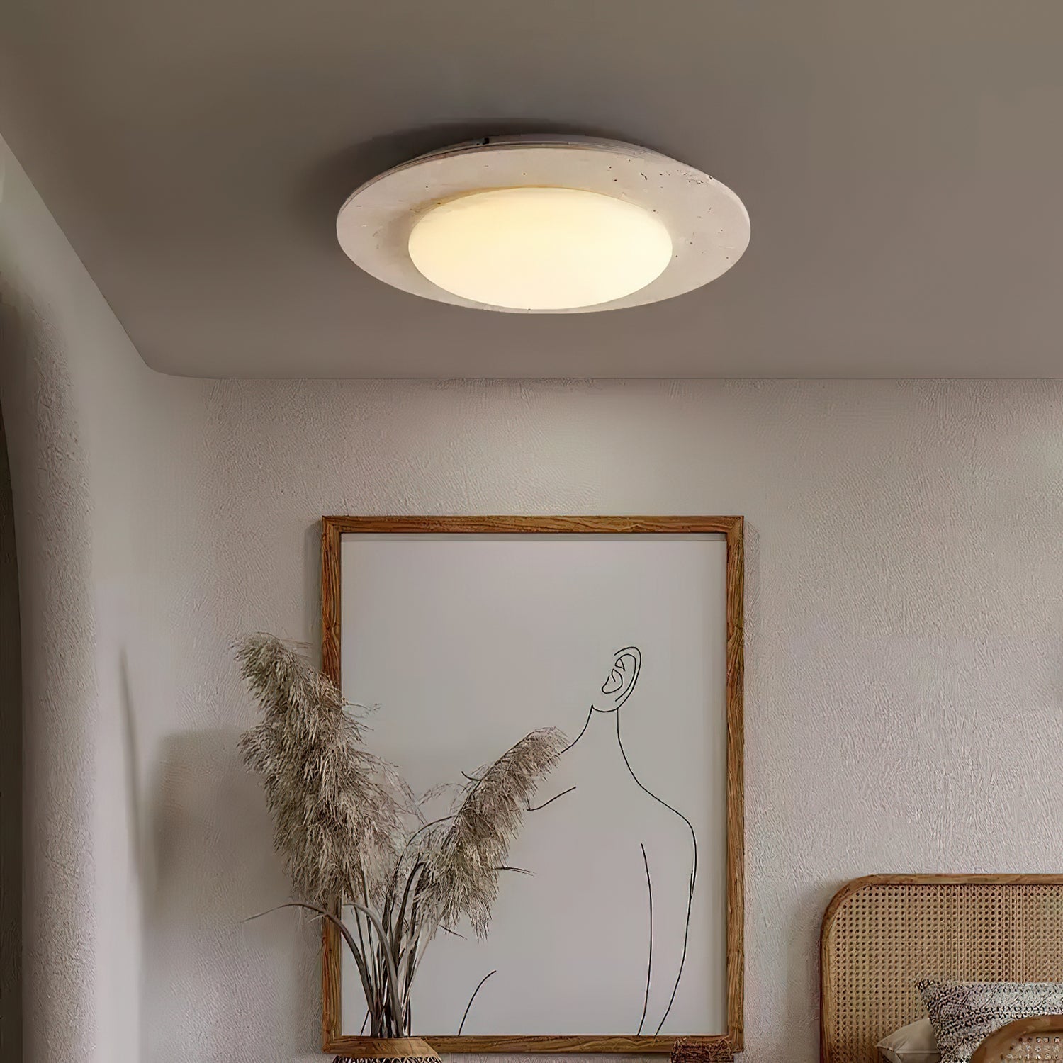 Dome Ceiling Lamp for Living Room & Bedroom | Travertine Wood LED Light | 3 Color Temperature | 30cm Flush Mount