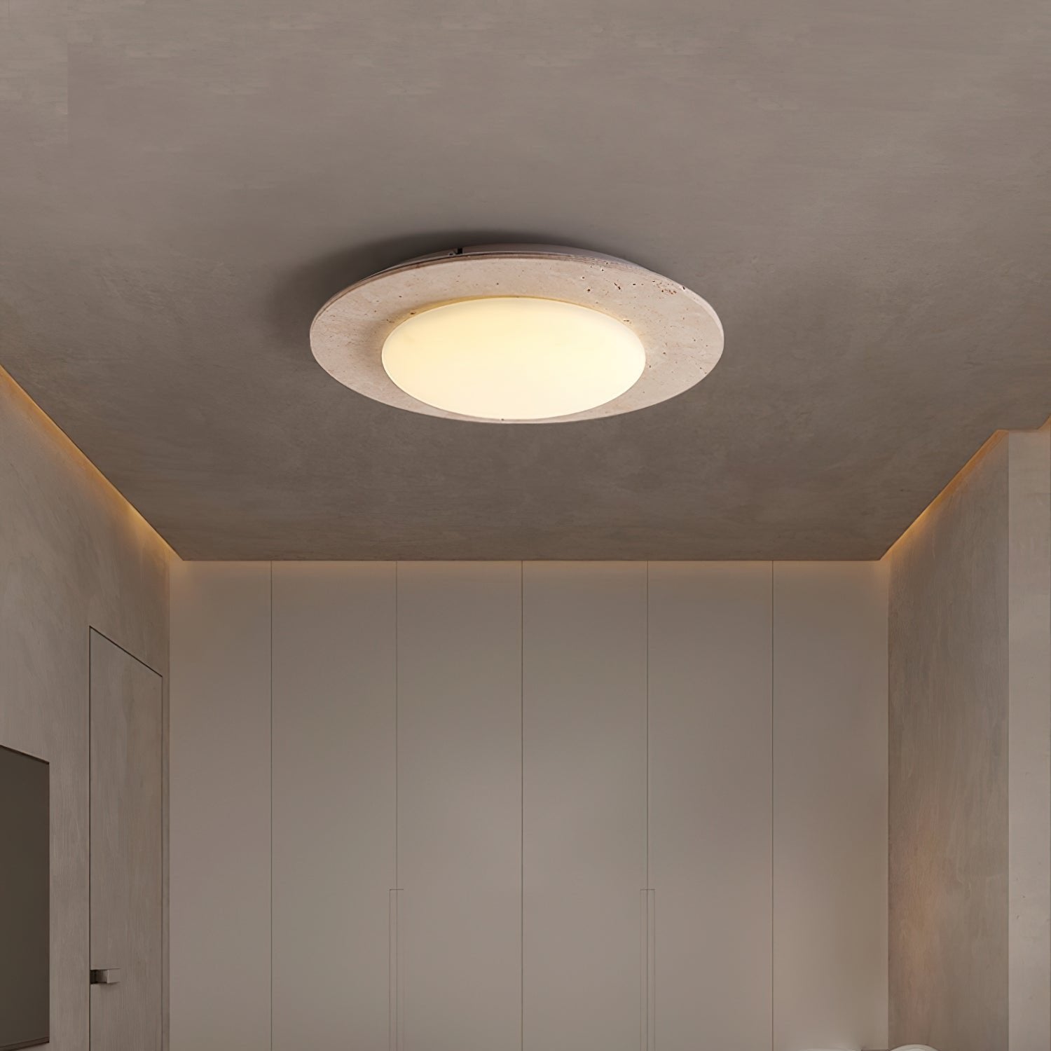 Dome Ceiling Lamp for Living Room & Bedroom | Travertine Wood LED Light | 3 Color Temperature | 30cm Flush Mount