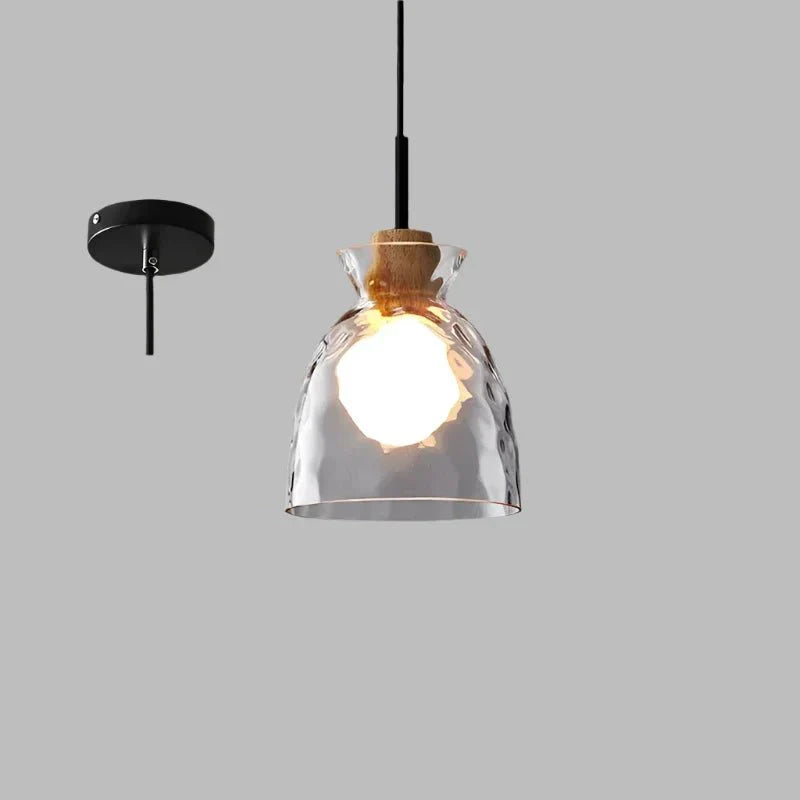 Ripple Glass Pendant Lamp Japanese Minimalist | E27 Dimmable LED | Textured Glass Hanging Light | Modern Wood Accent Lighting