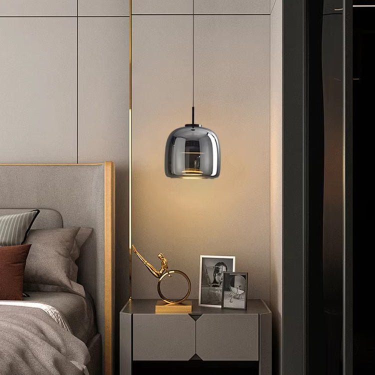 Scandinavian Black Glass Pendant Light for Kitchen Island & Bedside | Modern Minimalist Hanging Lamp | E27 Socket | 16x18cm
