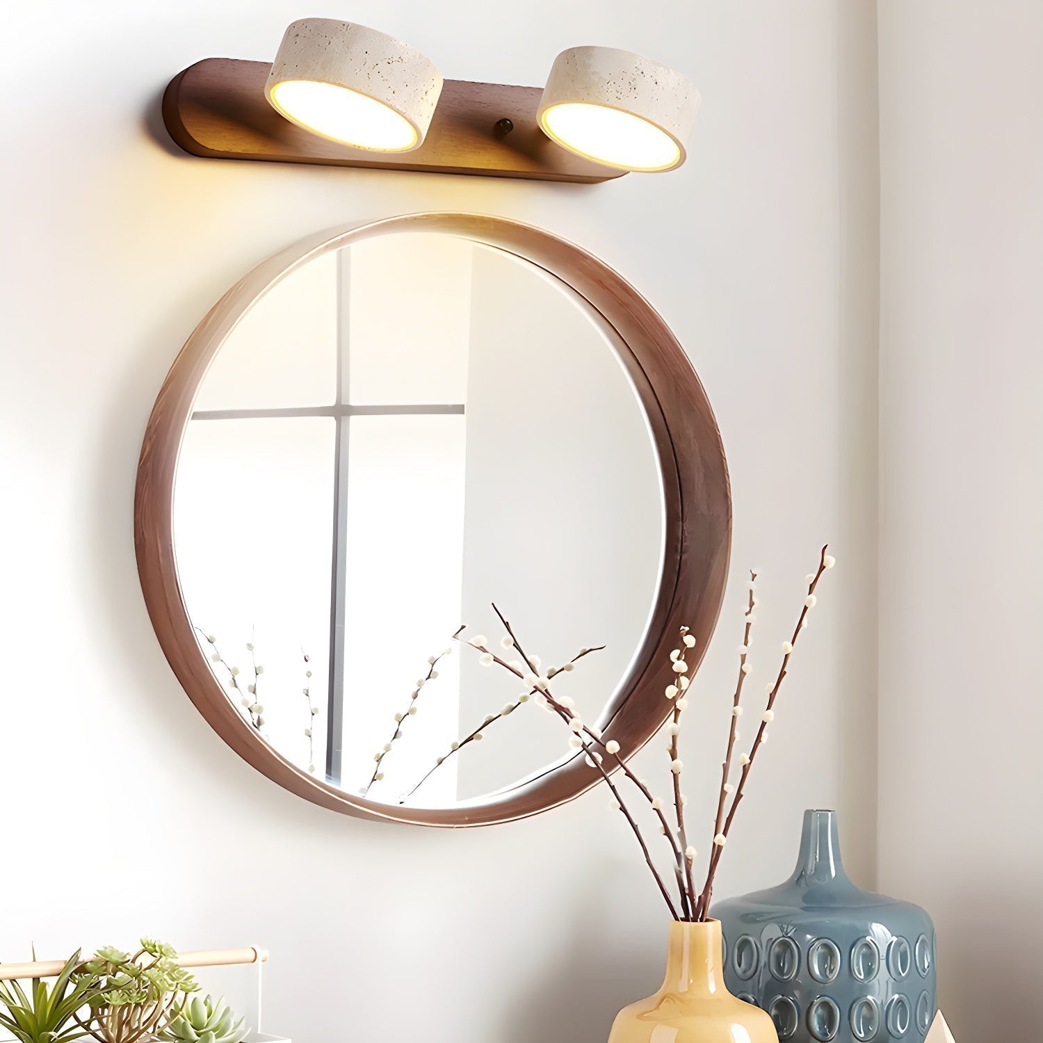 Travertine Duo Wall Lamp LED Bracket Light | Natural Stone & Wood | Modern Minimalist Wall Sconce | 2–4 Light Options