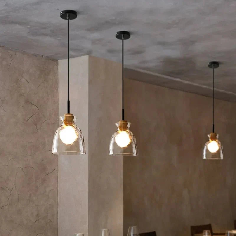 Ripple Glass Pendant Lamp Japanese Minimalist | E27 Dimmable LED | Textured Glass Hanging Light | Modern Wood Accent Lighting