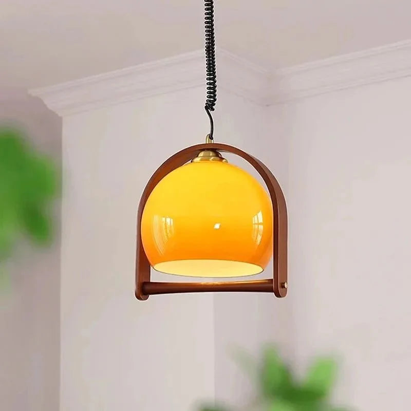 Vintage Bauhaus Wooden Pendant Light | Glass & Wood Hanging Lamp | E14 LED Fixture | Kitchen Island & Bar Lighting