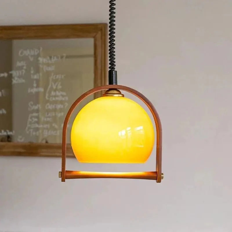Vintage Bauhaus Wooden Pendant Light | Glass & Wood Hanging Lamp | E14 LED Fixture | Kitchen Island & Bar Lighting