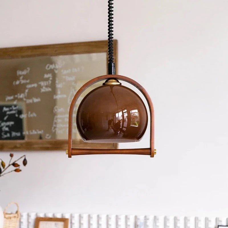Vintage Bauhaus Wooden Pendant Light | Glass & Wood Hanging Lamp | E14 LED Fixture | Kitchen Island & Bar Lighting