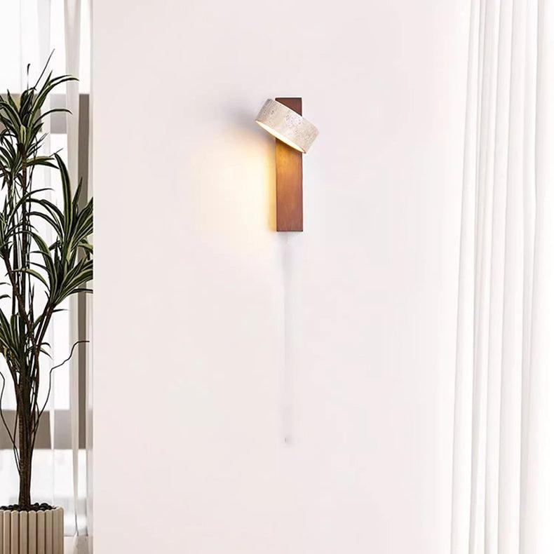 Wabi Sabi Travertine Wall Lamp Off-White | Stone & Wood LED Wall Light | Minimalist Ambient Lighting | Bedroom & Hallway Fixture