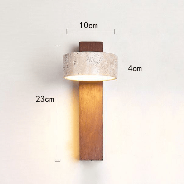 Wabi Sabi Travertine Wall Lamp Off-White | Stone & Wood LED Wall Light | Minimalist Ambient Lighting | Bedroom & Hallway Fixture