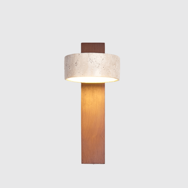Wabi Sabi Travertine Wall Lamp Off-White | Stone & Wood LED Wall Light | Minimalist Ambient Lighting | Bedroom & Hallway Fixture