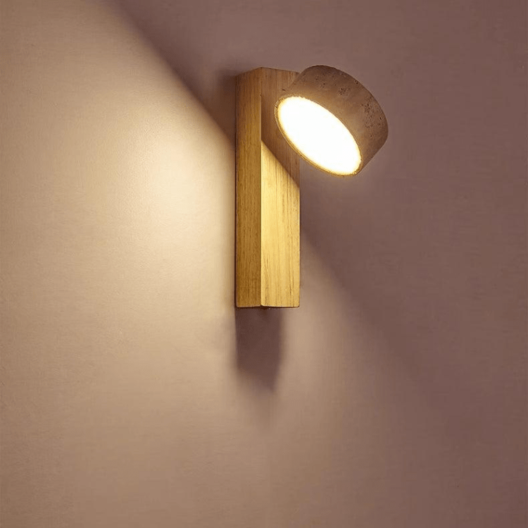 Wabi Sabi Travertine Wall Lamp Off-White | Stone & Wood LED Wall Light | Minimalist Ambient Lighting | Bedroom & Hallway Fixture