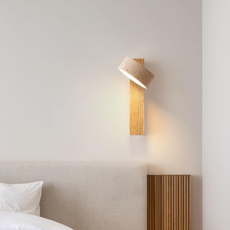 Wabi Sabi Travertine Wall Lamp Off-White | Stone & Wood LED Wall Light | Minimalist Ambient Lighting | Bedroom & Hallway Fixture